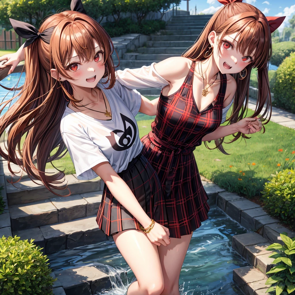 reddish-brown golden hair、red eyes、one good looking girl、solo、anime、plaid mini skirt、black camisole、black t-shirt、hoodie、wearing a ribbon、ribbon at waist、crystal earrings、jewelry necklace、Light and shadow、tilting one&#39;s face、teeth are visible、pillar、evil looking face、Kuroko、Diamond dust、grassland、Water running down the stairs