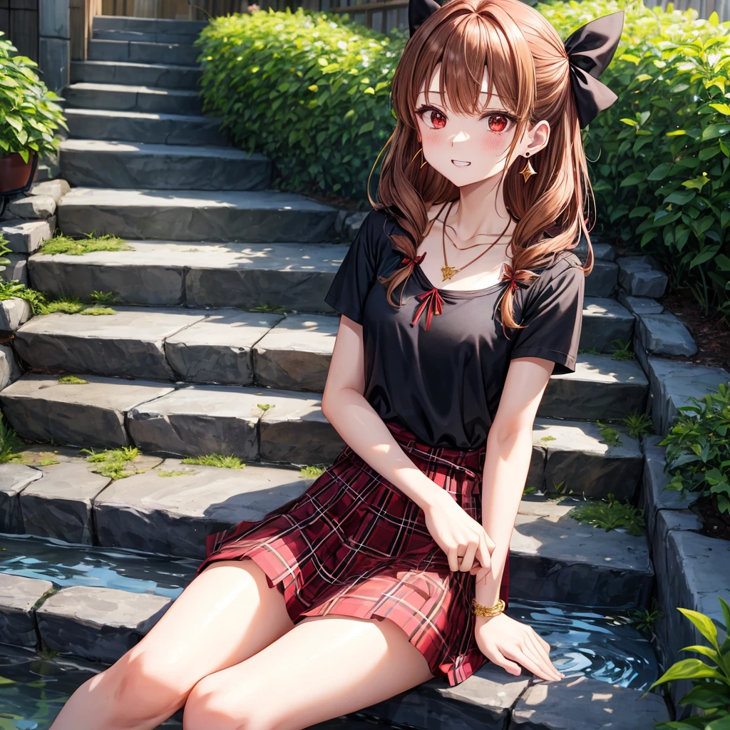 reddish-brown golden hair、red eyes、one good looking girl、solo、anime、plaid mini skirt、black camisole、black t-shirt、hoodie、wearing a ribbon、ribbon at waist、crystal earrings、jewelry necklace、Light and shadow、tilting one's face、teeth are visible、pillar、evil looking face、Kuroko、Diamond dust、grassland、Water running down the stairs