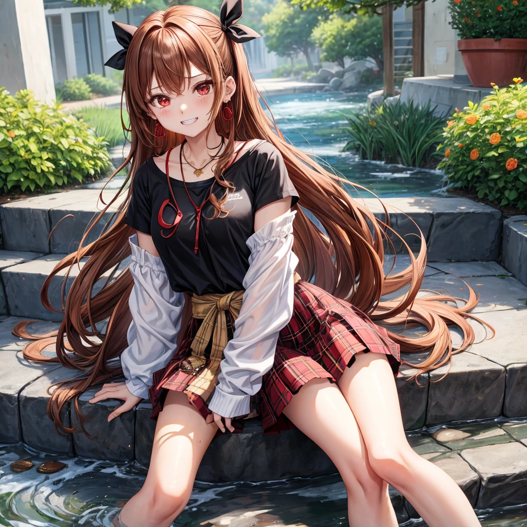 reddish-brown golden hair、red eyes、one good looking girl、solo、anime、plaid mini skirt、black camisole、black t-shirt、hoodie、wearing a ribbon、ribbon at waist、crystal earrings、jewelry necklace、Light and shadow、tilting one's face、teeth are visible、pillar、evil looking face、Kuroko、Diamond dust、grassland、Water running down the stairs