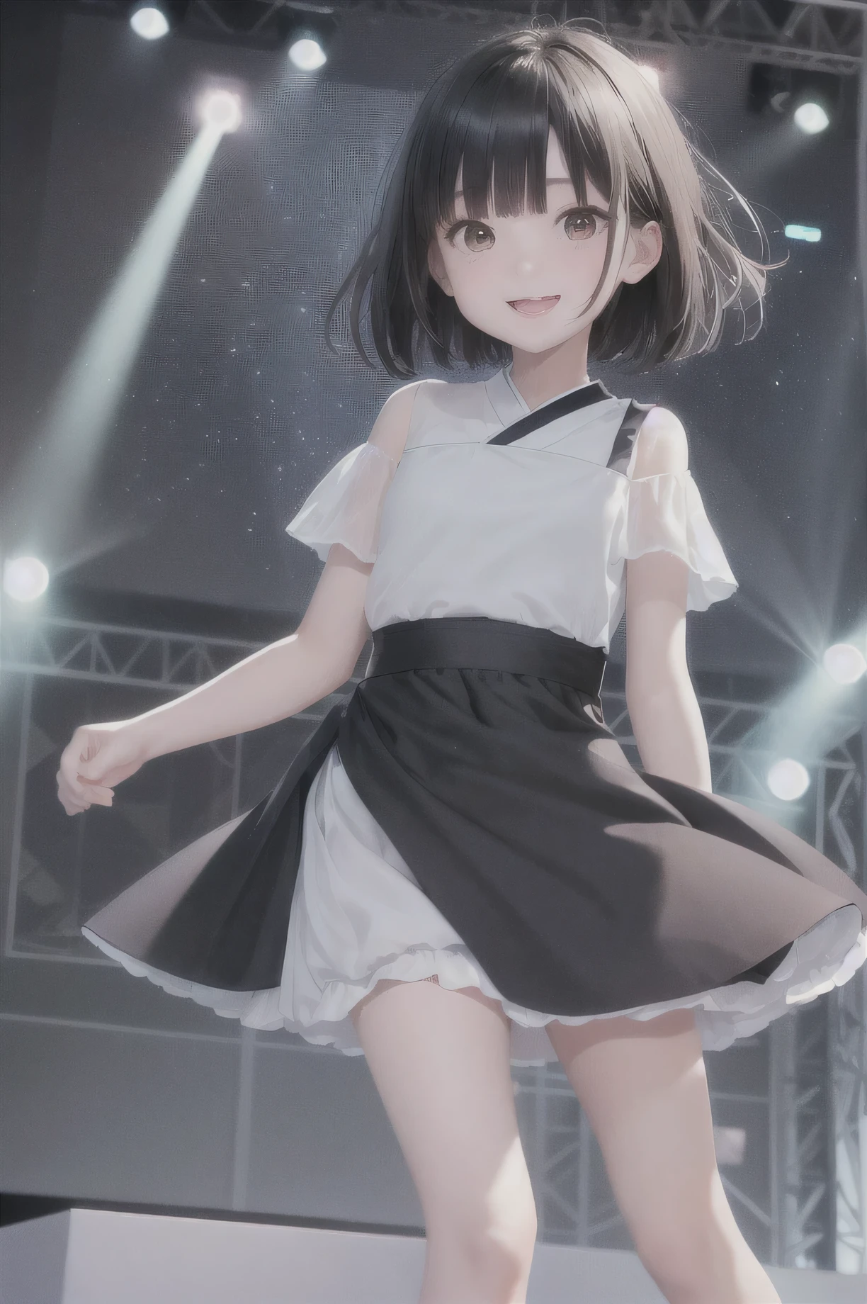 highest quality, Japanese female idol, pretty, 11 years old, black hair, short hair, Big eyes, small face, cute, smile, cute, beautiful girl, Idol style, dynamism, round face, Beautiful older sister, One ear sticking out, I turned a little red, A neat young lady, Live-action textures, A look of suppressed joy, Enlarge your mouth, short hair, hair blowing in the wind, 10 heads, beauty, Outer honeymoon short hair, Short Wolf, droopy eyes, portrait, solo shot, Idol style costume, See-through, another, long slit eyes, girlfriend feeling, light blue clothes, Sparkling, skirt, concert, sing using a microphone, live house