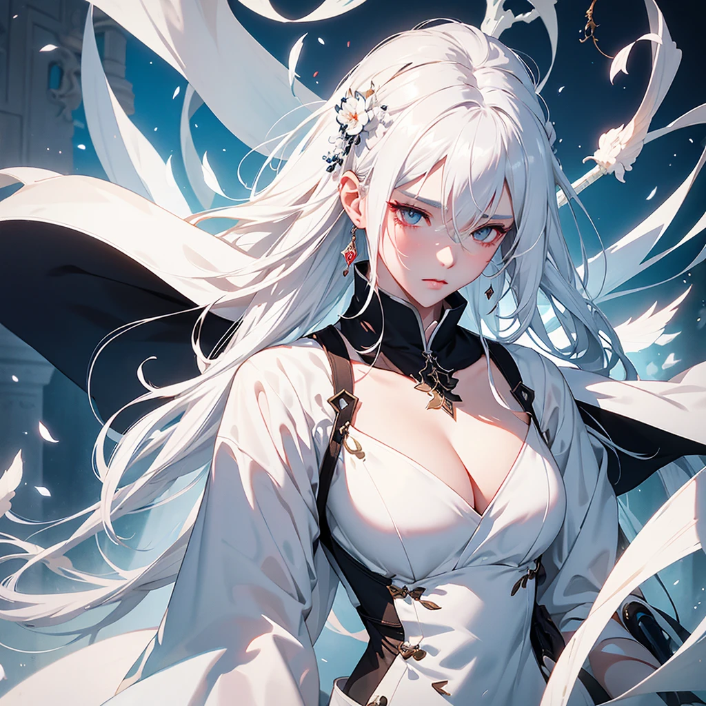 super high quality, masterpiece, Perfect illustration, Very detailed (Exquisite light and shadow, Very dramatic photo,Backlight) , ((Gray Hair:1.5))1 Girl,(( alone:1.6)), (Wearing Han clothes, Black and white Hanfu,Monotony,Long sleeve) (White smoke:1.3) (Realistic:1.4), Official Art, unity 8k wallpaper, Very detailed, Beautiful and beautiful, masterpiece, Highest quality, (Dynamic Angle: 1.4), Glowing Skin, (Floating colorful flashes: 1) The most beautiful chaotic shapes, elegant, Brutalist Design, Bright colors, Romantic Depth of Field Exotic_dance, half_naked、Expose your shoulderedium breasts、Great cleavage、Lean forward