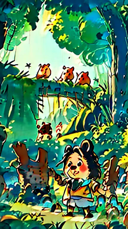 Beibei Bear站在Kindergarten entrance，enthusiasm地wavewelcomeSmall animals们。Beibei Bear，Kindergarten entrance，wave，welcome，Small animals，enthusiasm，background，Kindergarten building