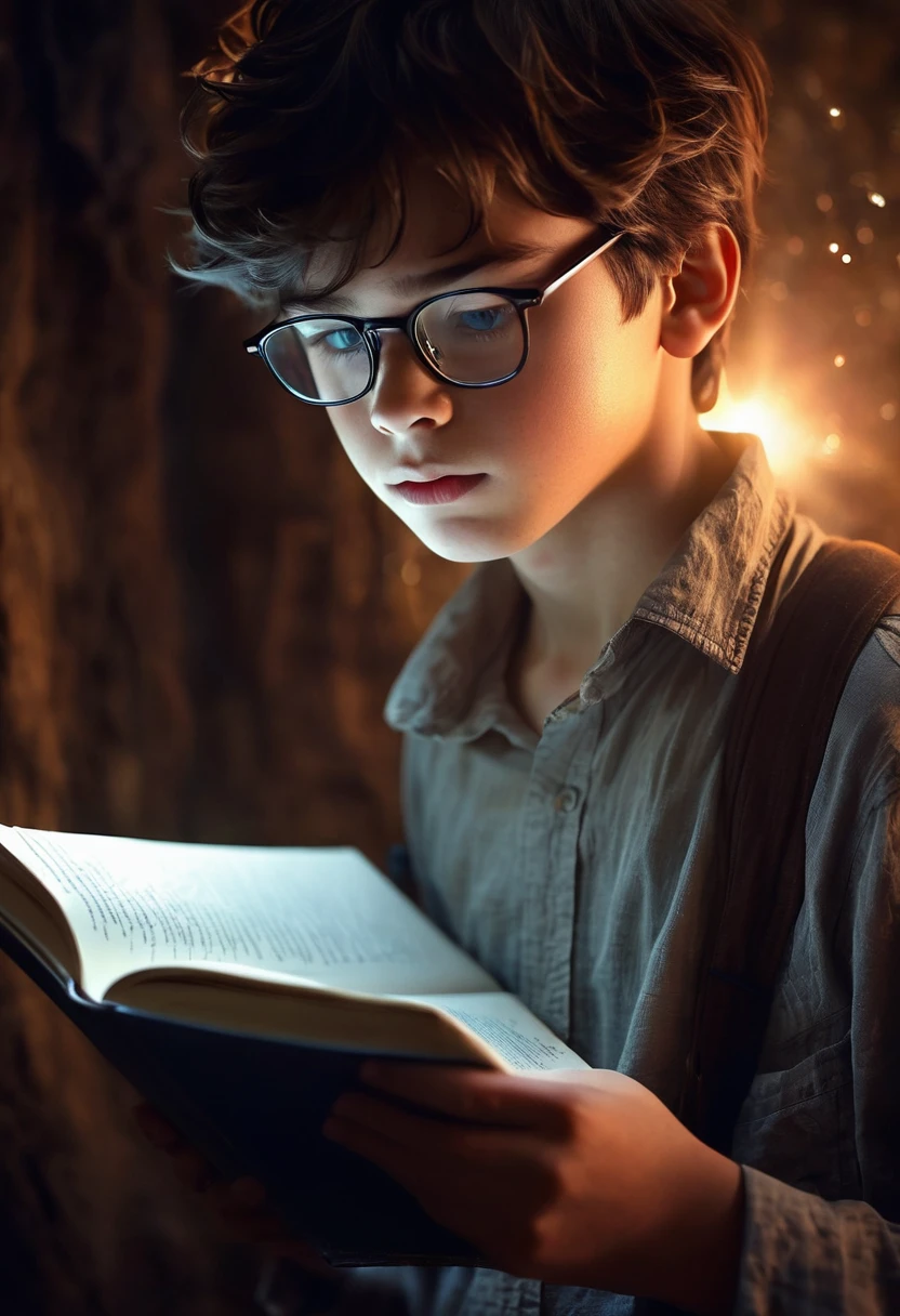 A nerdy-looking boy, clad in glasses and a wrinkled shirt, holds a notebook tightly in his left hand as if it contains the secrets of the universe. The scene around him is shrouded in a magical and mysterious atmosphere, filled with an aura of enchantment and wonder. The shadows around him create a dramatic effect, highlighting the deep determination and focus in his introspective eyes. The background is illuminated by a soft, ethereal light, which contrasts beautifully with the darker surroundings and adds a touch of intrigue and allure to the image. The gentle glow enhances the boy's figure, making him appear more mystical and otherworldly, as if he is