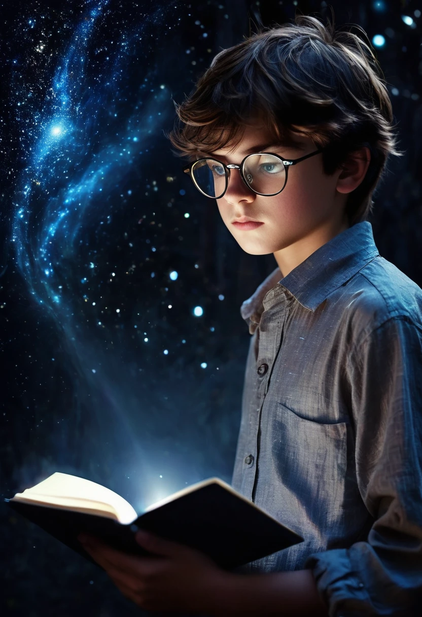 A nerdy-looking boy, clad in glasses and a wrinkled shirt, holds a notebook tightly in his left hand as if it contains the secrets of the universe. The scene around him is shrouded in a magical and mysterious atmosphere, filled with an aura of enchantment and wonder. The shadows around him create a dramatic effect, highlighting the deep determination and focus in his introspective eyes. The background is illuminated by a soft, ethereal light, which contrasts beautifully with the darker surroundings and adds a touch of intrigue and allure to the image. The gentle glow enhances the boy's figure, making him appear more mystical and otherworldly, as if he is
