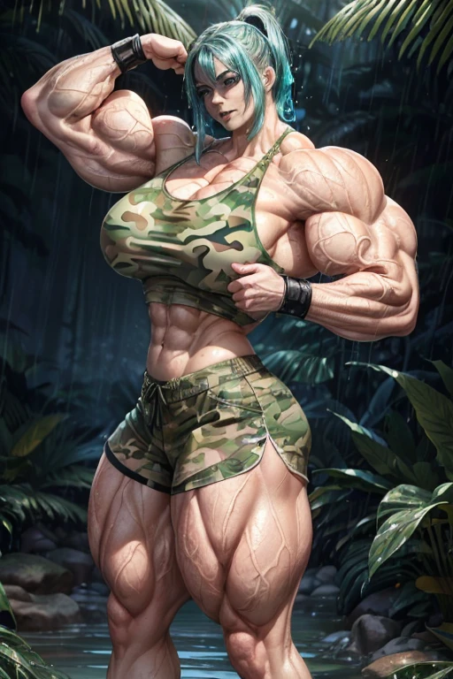(((((Massive tall, beautiful, buff, wet, pale white skinned, muscular woman with wet cyan hair, black lipstick, ginormous bulky muscles and wearing a cyan cropped camouflage tank top with cyan camouflage safari shorts))))), (close view), (black eyeliner), massive muscle, massive biceps, hyper muscle triceps, (short hair), purple eyes, black high heels boots, (in a dark heavy rainy jungle), nighttime, showing a sexy smile, (hyper muscles arms), hyper muscle legs, (massive arms)