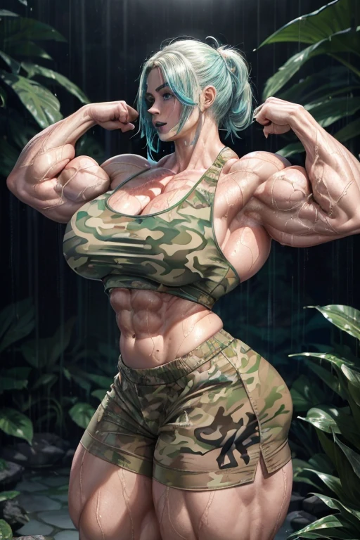 (((((Massive tall, beautiful, buff, wet, pale white skinned, muscular woman with wet cyan hair, black lipstick, ginormous bulky muscles and wearing a cyan cropped camouflage tank top with cyan camouflage safari shorts))))), (close view), (black eyeliner), massive muscle, massive biceps, hyper muscle triceps, (short hair), purple eyes, black high heels boots, (in a dark heavy rainy jungle), nighttime, showing a sexy smile, (hyper muscles arms), hyper muscle legs, (massive arms)