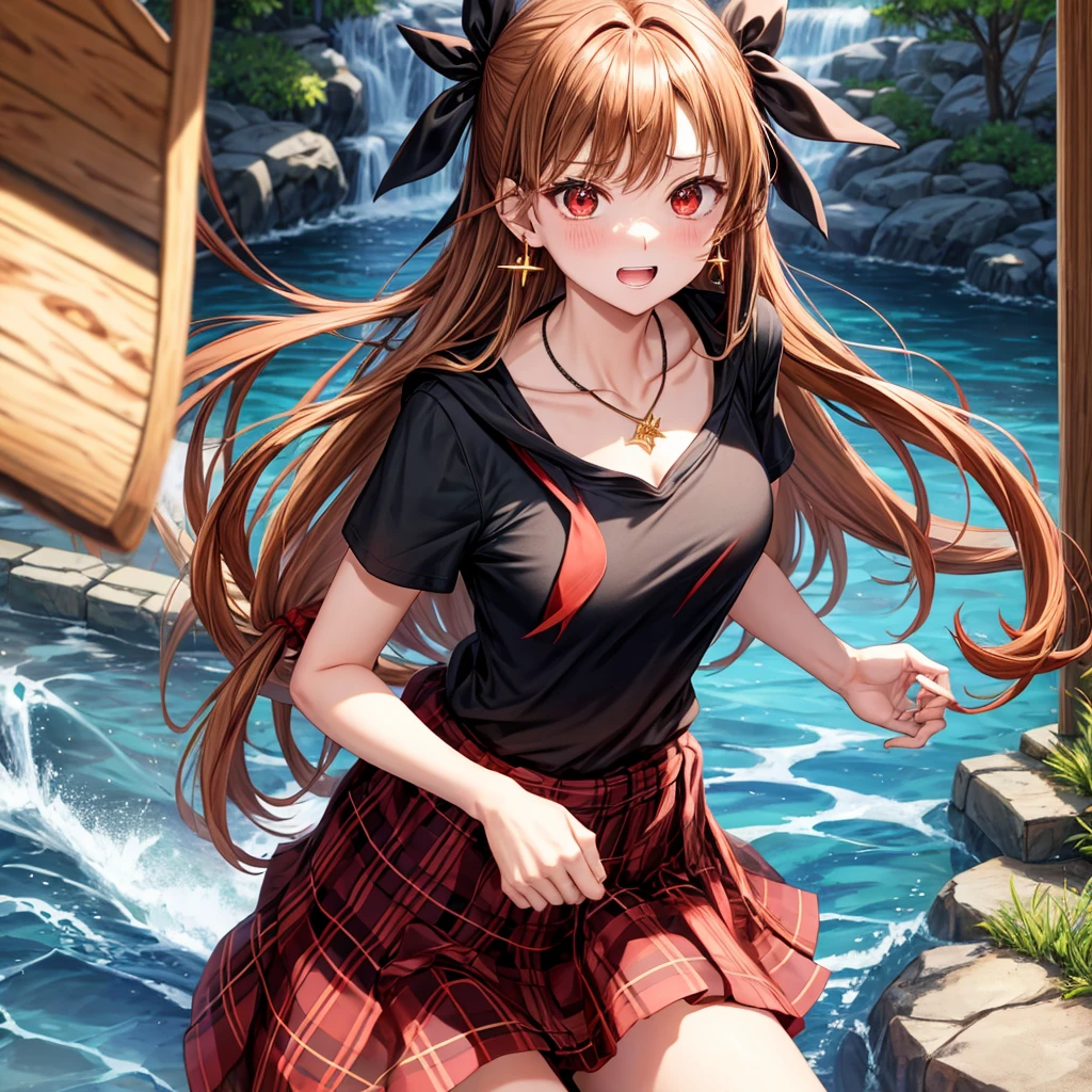 reddish-brown golden hair、red eyes、one good looking girl、solo、anime、plaid mini skirt、black camisole、black t-shirt、hoodie、wearing a ribbon、ribbon at waist、crystal earrings、jewelry necklace、Light and shadow、tilting one&#39;s face、teeth are visible、pillar、evil looking face、Kuroko、Diamond dust、grassland、Water running down the stairs