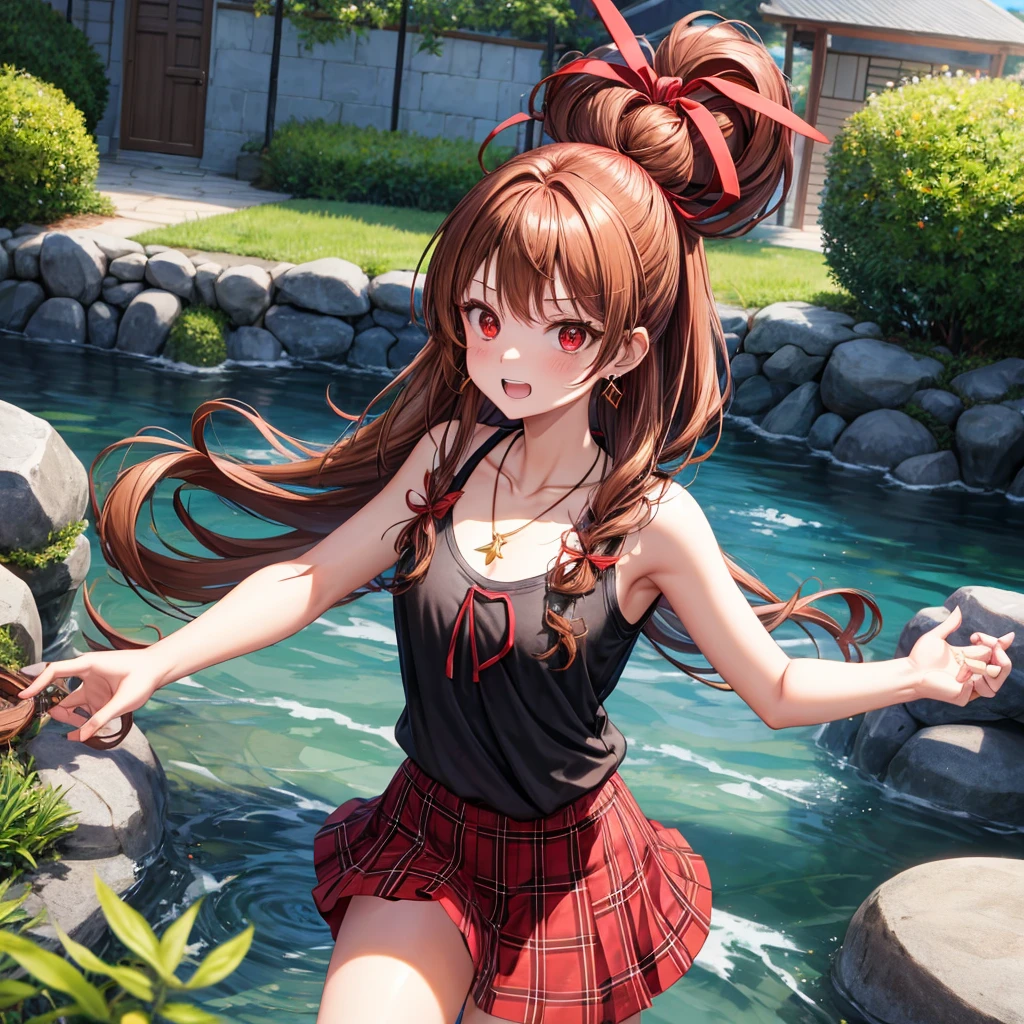 reddish-brown golden hair、red eyes、one good looking girl、solo、anime、plaid mini skirt、black camisole、black t-shirt、hoodie、wearing a ribbon、ribbon at waist、crystal earrings、jewelry necklace、Light and shadow、tilting one's face、teeth are visible、pillar、evil looking face、Kuroko、Diamond dust、grassland、Water running down the stairs