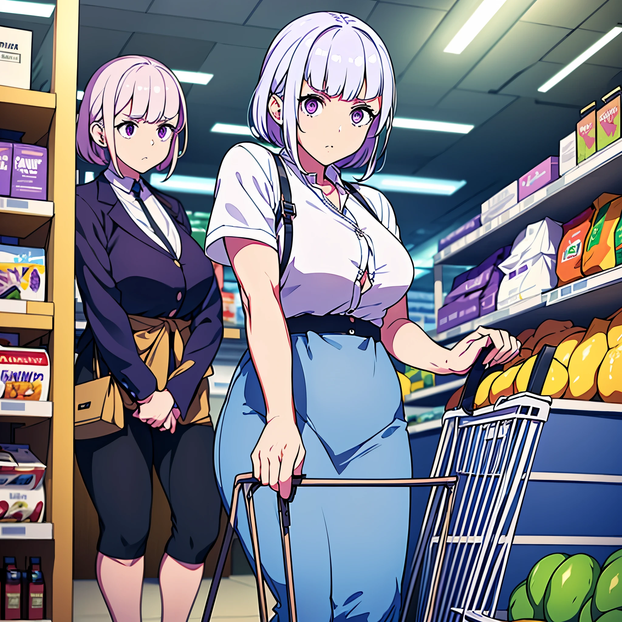 (a girl in casual clothes,weak lilac hair,scared face,wide-eyed,panicky,holdingthecartwithbothhands,supermarket,shopping cart,[crowded]), (lilac eyes,very detailed,ultra-realistic:1.37,masterpiece:1.2), (highres,4k hd,vivid colors,[bright fluorescent lighting]), (realistic painting style,human figure,indoor scenery)