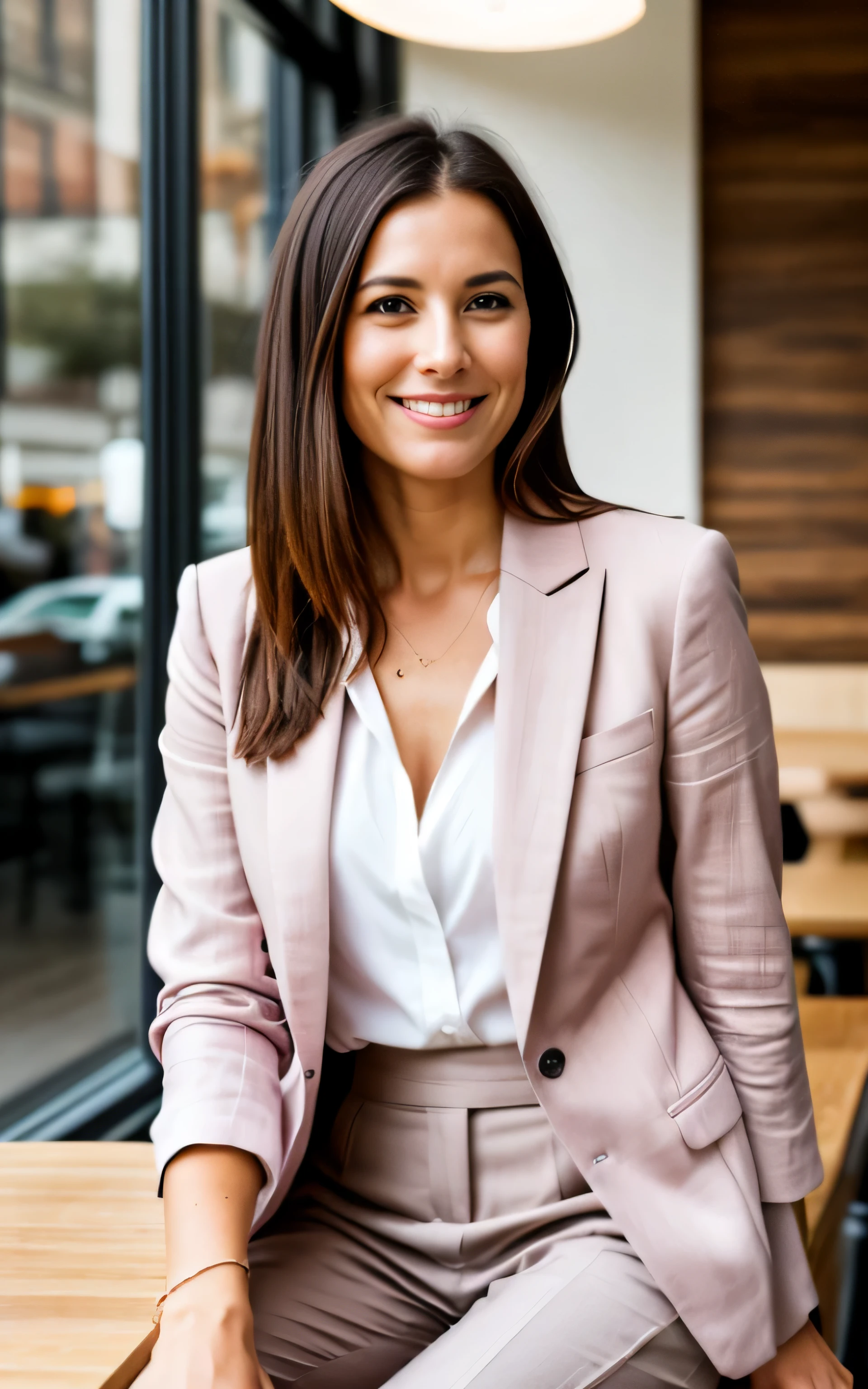 Hyper realistic photo of a stylish 32 year old woman with MEDIUM straight brown hair. Dark pink business blazer. Discreet smile, closed mouth, light linen clothes, slender body, small bust. Sitting in a coffee shop. 4K professional photo