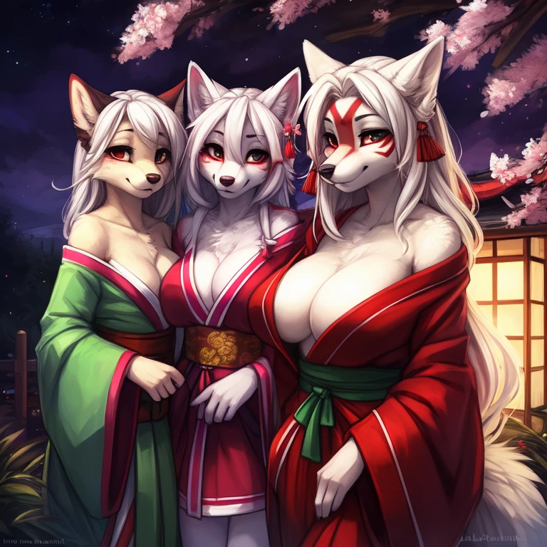 by kenket, Ross Tran, ruan jia, zaush, foxovh, by Zackary911, by hyattlen, by teranen, by fumiko, by Pixelsketcher, by fluff-kevlar, bye r-mk, by Dimwitdog, Furry, Anthro, ((mother and daughters)), BREAK, First Daughter: ((oiran), , (luxurious off-shoulder kimono), female white fox with red markings, kemono, ((small breasts)),elegant) white hair, white fur, young girl, cute, revealing outfit, innocent expression, alluring eyes, looking at viewer, red markings on body, white fur, traditional japanese, magic fantasy, small, slender, (young)), BREAK, Second Daughter: ((oiran), prostitute, (luxushoulder kimono), female white fox with red markings, kemono, ((small breasts)), short (elegant) air, white fur, young girl, cute, revealing outfit, innocent expression, alluring eyes, looking at viewer, red markings on body, white fur, traditional japanese, magic fantasy, small, slender, (young)),BREAK, Mother: ((geisha), prostitute, (luxurious off-shoulde female white fox with red markings, kemono, (((huge breasts))), long (elegant) white hair, hourgdy, revealing outfit, seductive, alluring eyes, looking at viewer, red markings on body, white fur, traditional japanese, magic fantasy, white fur, (mature), voluptuous, curvy, milf, (tall), curvy), Boutdoors, cherry blossoms, ntime, tugging on own clothes, ((3 anthro women)), (((3 ple))), (multiple people), mother and her two daughters, (size difference), daughters are shorter than their mother, age difference, mother is taller than her daughters, both daughters have small breasts,