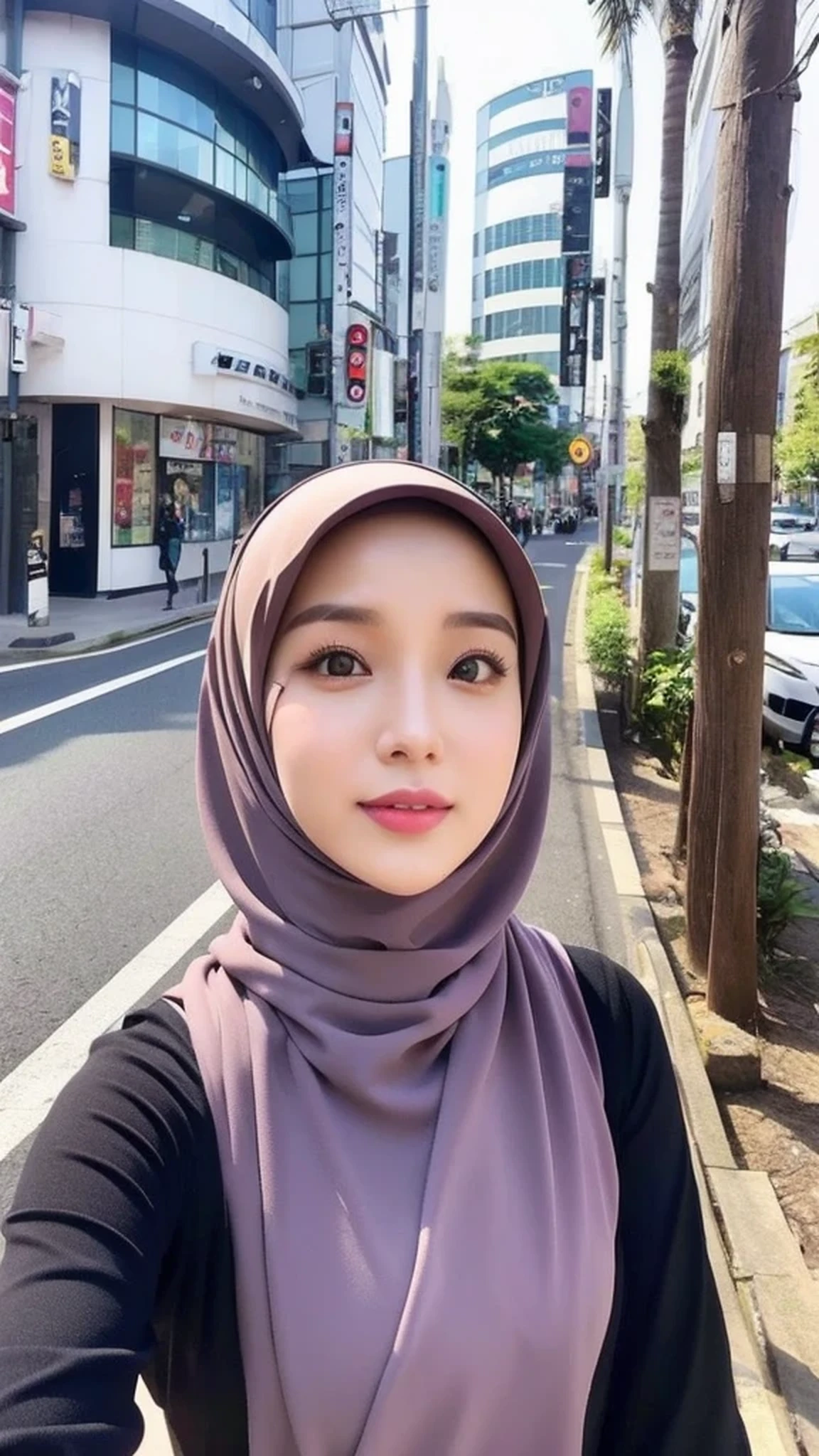Realistic, ultra sharp, Beautuful Women、hijab, indonesian, tokyo, city roads、selfee、The face is cute、Vanrak Ayyans appears、1 girl, stylish