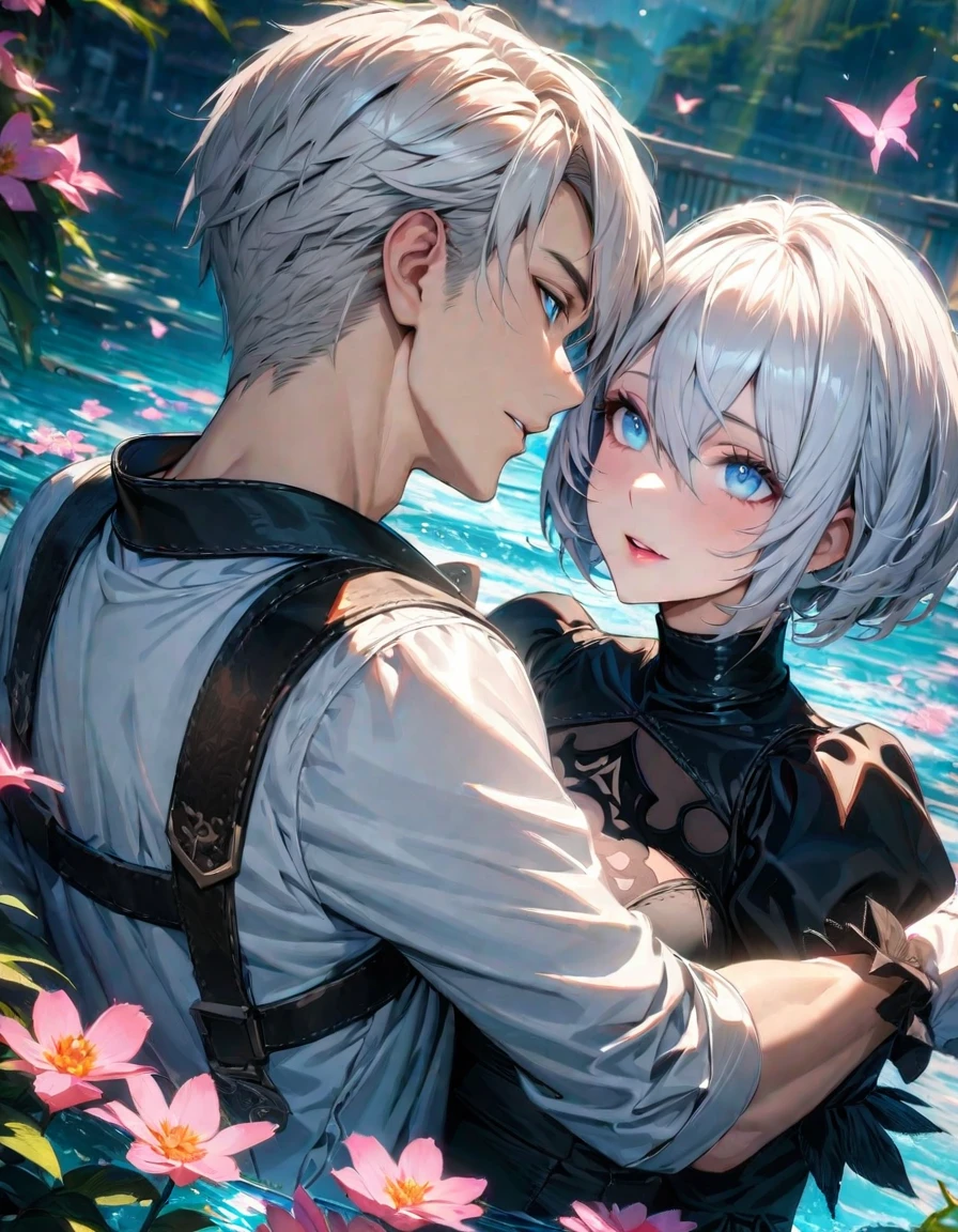absurdres, highres, ultra detailed, HDR), masterpiece, 9s, vibrant blue eyes, white short hair, hair between the eyes, nier automata, 2b, white hair, vibrant blue eyes, a handsome man together with a beautiful woman as a couple, pink flowers, pink butterflies, water