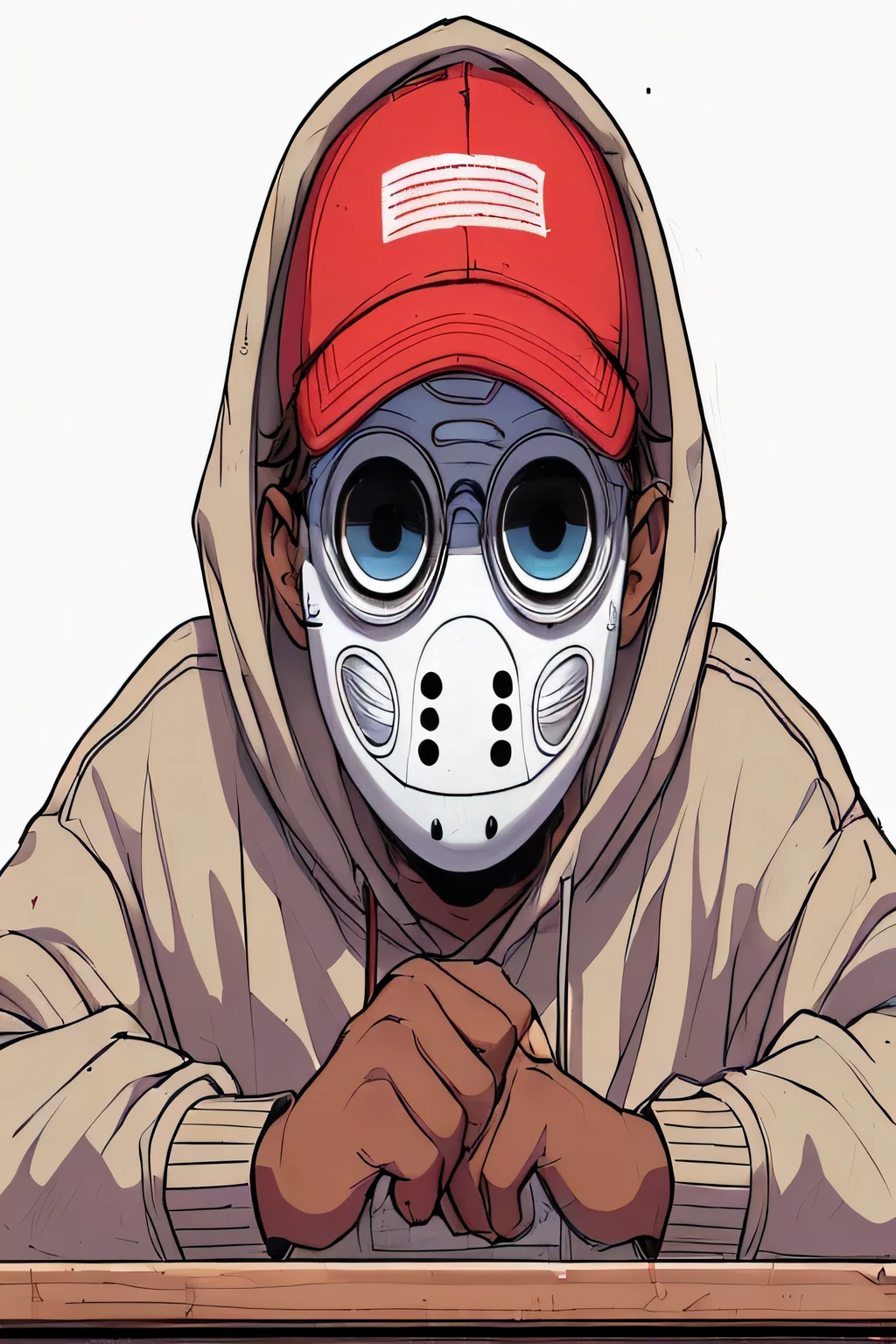 Man with brown skin and white bird mask with black eyes and a red cap with writings "" en ella. With a pencil in his hand drawing, looking at the speaker
