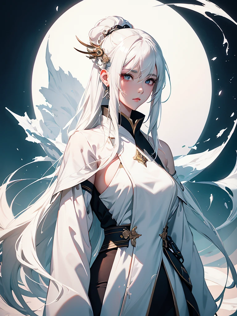Masterpiece, Best Quality, Night, Full Moon, 1 Girl, Mature Female, Sister, Silver White Long haired Female, Light Pink Lips, Calm, Intellectual, Three Bands, Gray Pupils, Assassin, Short Knife, 