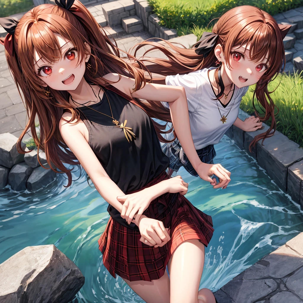 reddish-brown golden hair、red eyes、one good looking girl、solo、anime、plaid mini skirt、black camisole、black t-shirt、hoodie、wearing a ribbon、ribbon at waist、crystal earrings、jewelry necklace、Light and shadow、tilting one&#39;s face、teeth are visible、pillar、evil looking face、Kuroko、Diamond dust、grassland、Water running down the stairs
