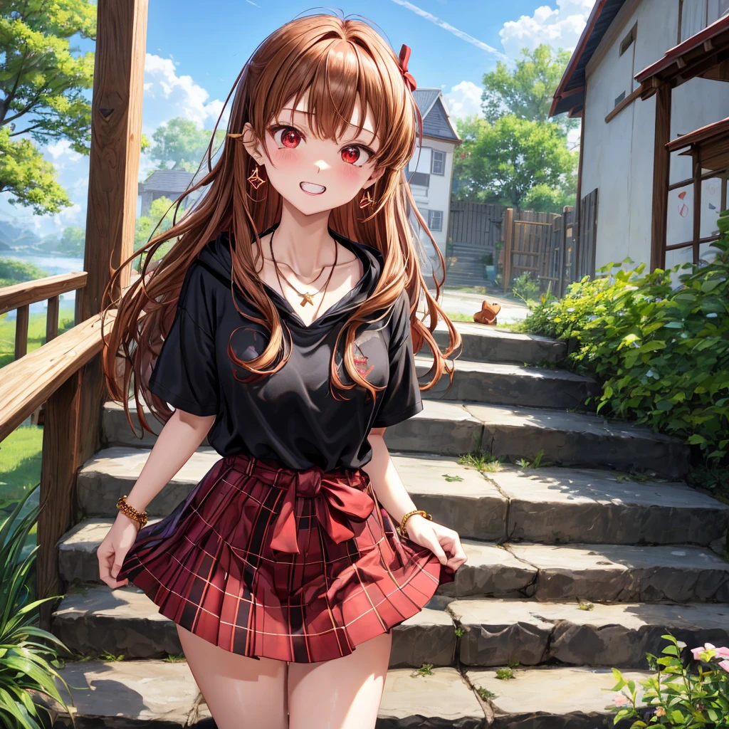 reddish-brown golden hair、red eyes、one good looking girl、solo、anime、plaid mini skirt、black camisole、black t-shirt、hoodie、wearing a ribbon、ribbon at waist、crystal earrings、jewelry necklace、Light and shadow、tilting one&#39;s face、teeth are visible、pillar、evil looking face、Kuroko、Diamond dust、grassland、Water running down the stairs