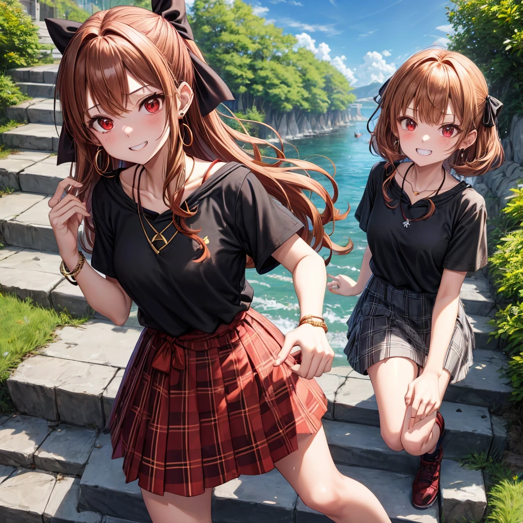 reddish-brown golden hair、red eyes、one good looking girl、solo、anime、plaid mini skirt、black camisole、black t-shirt、hoodie、wearing a ribbon、ribbon at waist、crystal earrings、jewelry necklace、Light and shadow、tilting one's face、teeth are visible、pillar、evil looking face、Kuroko、Diamond dust、grassland、Water running down the stairs