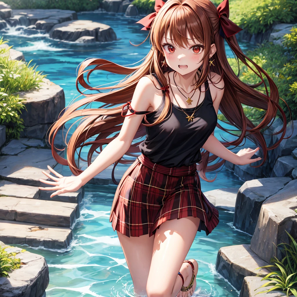 reddish-brown golden hair、red eyes、one good looking girl、solo、anime、plaid mini skirt、black camisole、black t-shirt、hoodie、wearing a ribbon、ribbon at waist、crystal earrings、jewelry necklace、Light and shadow、tilting one's face、teeth are visible、pillar、evil looking face、Kuroko、Diamond dust、grassland、Water running down the stairs