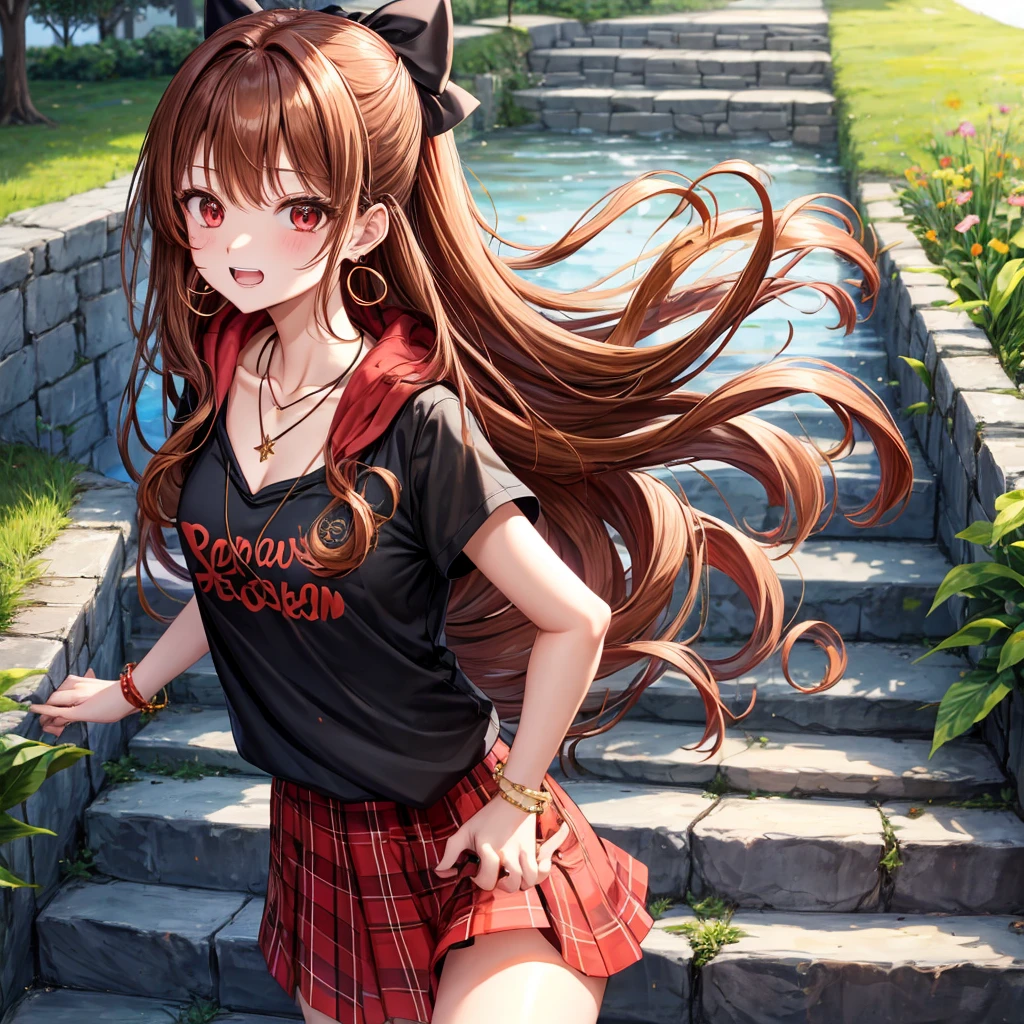 reddish-brown golden hair、red eyes、one good looking girl、solo、anime、plaid mini skirt、black camisole、black t-shirt、hoodie、wearing a ribbon、ribbon at waist、crystal earrings、jewelry necklace、Light and shadow、tilting one's face、teeth are visible、pillar、evil looking face、Kuroko、Diamond dust、grassland、Water running down the stairs