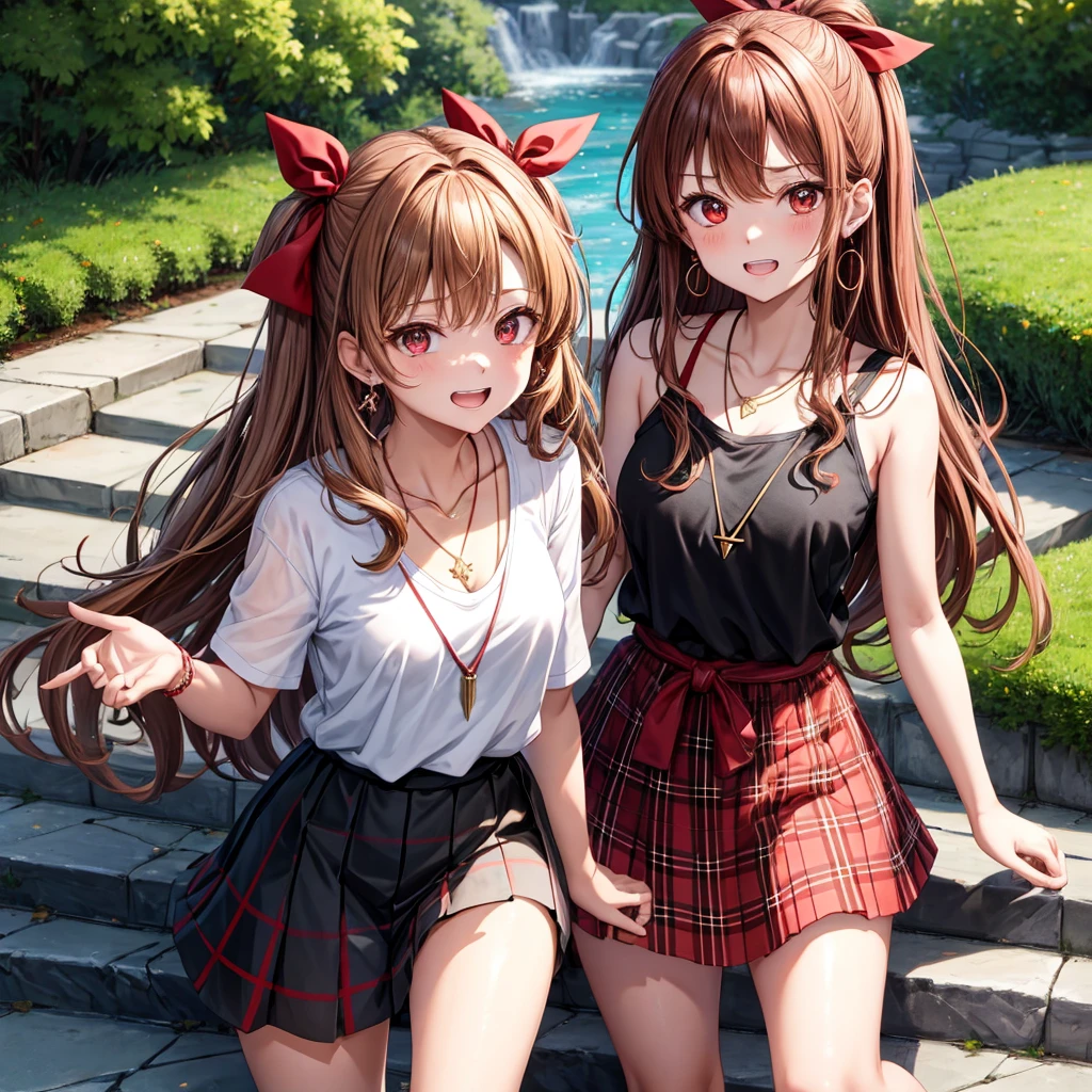 reddish-brown golden hair、red eyes、one good looking girl、solo、anime、plaid mini skirt、black camisole、black t-shirt、hoodie、wearing a ribbon、ribbon at waist、crystal earrings、jewelry necklace、Light and shadow、tilting one's face、teeth are visible、pillar、evil looking face、Kuroko、Diamond dust、grassland、Water running down the stairs