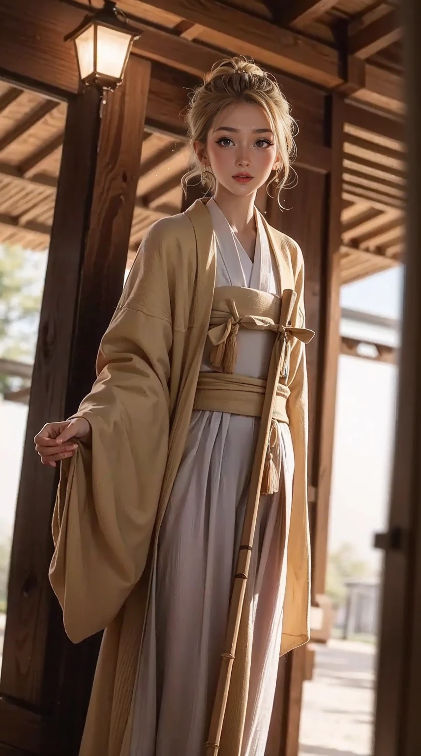 blonde hair, gradient hair, hair over shoulder, hair behind ear, longeyelashes, light smile, Surrealism, depth of field, atmospheric perspective, foreshortening, UHD, anatomically correct, highres, 16k、 ((最high quality, 8K, masterpiece: 1.3, Ultra HD, high quality, 最high quality, High resolution, realism)) 、(high color saturation:1.0), (highly detailed skin), (最high quality:1.0), (超High resolution:1.0) ,(realistic:1.0), (Super detailed:1.0), (8K, Raw photo:1.1), slender、Slender, muscular body that's toned like an athlete's、I don't want my head to disappear from the screen.、25 year old white woman、shiny hair、Her hair color is blonde.、blue eyes、long hair、hair above one eye、smile、On the approach to a Japanese shrine、She is a shrine maiden.、Sweeping the grounds with a bamboo broom、Grinning ((light smile))、split ponytail, 8k