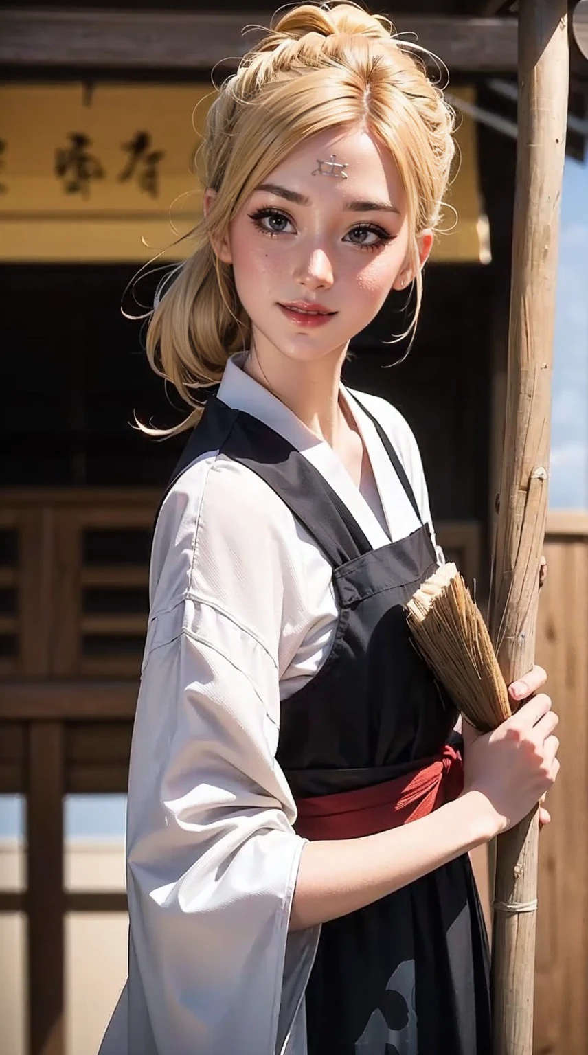 blonde hair, gradient hair, hair over shoulder, hair behind ear, longeyelashes, light smile, Surrealism, depth of field, atmospheric perspective, foreshortening, UHD, anatomically correct, highres, 16k、 ((最high quality, 8K, masterpiece: 1.3, Ultra HD, high quality, 最high quality, High resolution, realism)) 、(high color saturation:1.0), (highly detailed skin), (最high quality:1.0), (超High resolution:1.0) ,(realistic:1.0), (Super detailed:1.0), (8K, Raw photo:1.1), slender、Slender, muscular body that&#39;s toned like an athlete&#39;s、I don&#39;t want my head to disappear from the screen.、25 year old white woman、shiny hair、Her hair color is blonde.、blue eyes、long hair、hair above one eye、smile、On the approach to a Japanese shrine、She is a shrine maiden.、Sweeping the grounds with a bamboo broom、Grinning ((light smile))、split ponytail, 8k