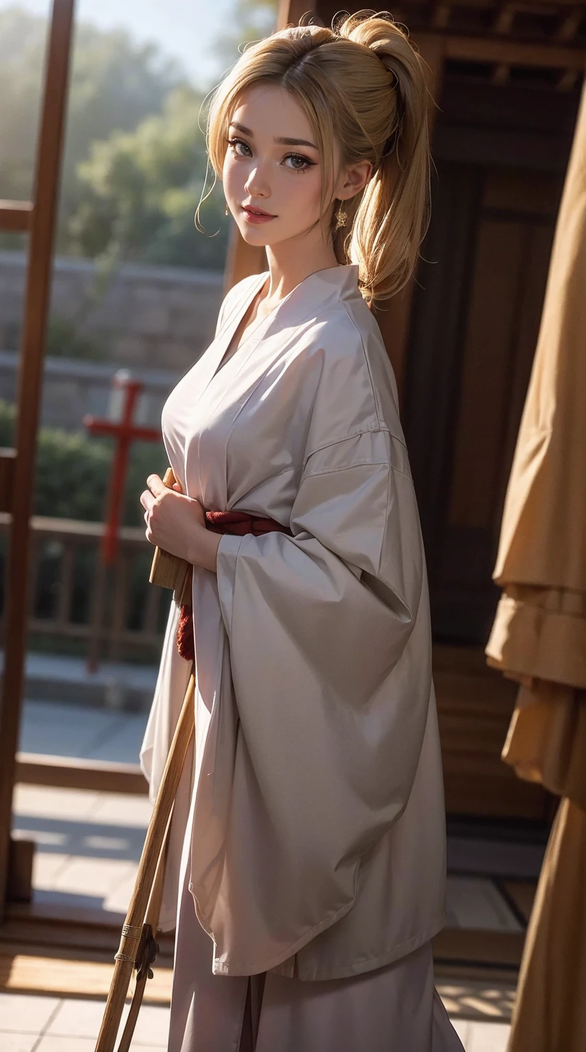 blonde hair, gradient hair, hair over shoulder, hair behind ear, longeyelashes, light smile, Surrealism, depth of field, atmospheric perspective, foreshortening, UHD, anatomically correct, highres, 16k、 ((最high quality, 8K, masterpiece: 1.3, Ultra HD, high quality, 最high quality, High resolution, realism)) 、(high color saturation:1.0), (highly detailed skin), (最high quality:1.0), (超High resolution:1.0) ,(realistic:1.0), (Super detailed:1.0), (8K, Raw photo:1.1), slender、Slender, muscular body that&#39;s toned like an athlete&#39;s、I don&#39;t want my head to disappear from the screen.、25 year old white woman、shiny hair、Her hair color is blonde.、blue eyes、long hair、hair above one eye、smile、On the approach to a Japanese shrine、She is a shrine maiden.、Sweeping the grounds with a bamboo broom、Grinning ((light smile))、split ponytail, 8k
