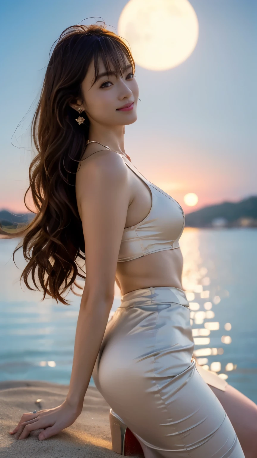 ((((Flawless Anatomy)),A beautiful starry sky that looks like the stars are waving as the night falls,An image of the beautiful Shiho who came to a white sand beach in Hawaii where there is no lighting at all and the beach is illuminated by moonlight.,(((the only person))),(((A glamour model wearing a shiny satin long cocktail skirt dress and stiletto heels.))),The knitted tights peeking through the slit are dazzling(((Beautiful moonlit beach))),(((Royals Astepiece:1.6))),(((Ulzzang-6500))),(((Deep depth of field with Hasselblad))),masterpiece,highest quality,超A high resolution,High detailed full body portrait,(photo-realistic:1.4),(((A tall nose and a beautiful face))),(((long limbs like a model))),white skin is dazzling,Please pull your chin, Raise the corners of your mouth and smile happily,((Take a full-body photo from the side)),20-year-old,cute,long and shiny chestnut hair,Her proud F-cup bust and slim hips,(Smiling happily with mouth closed and head tilted),The light reflected in the eyes,(( Gravure photography)),Cute big eyes and long eyelashes,Clear double eyelids,((glossy thick lips)),(((Flawless Anatomy))),Beautiful long chestnut hair waving in the wind,Beautiful face with a delicate and high nose,The coke bottle body with long limbs and tight hip line is perfect like a model.,White skin shines in the moonlight,nice earrings and necklace,A beautiful 4K photo of a person with a large moon in the background, with a full-body shot taken from a distance, with a shadow silhouette emerging from behind without any artificial light.,realistic,Flawless,best image quality,professional angle of view,excellent details,ultra high resolution,realistic:1.4),high detail,focus on details,High concentration of 1girls,4K,Beautiful background bokeh with deep depth of field,