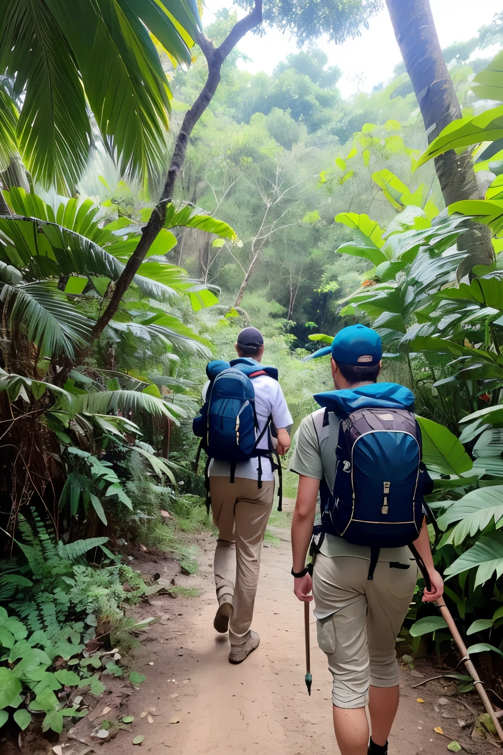 A team of archaeologists trudged through the jungle,They are wearing professional expedition gear.,Handheld maps and archaeological tools。The camera follows the captain's back,He stopped,Turn your head and look into the distance,The excitement of discovering a new world flashed in his eyes。