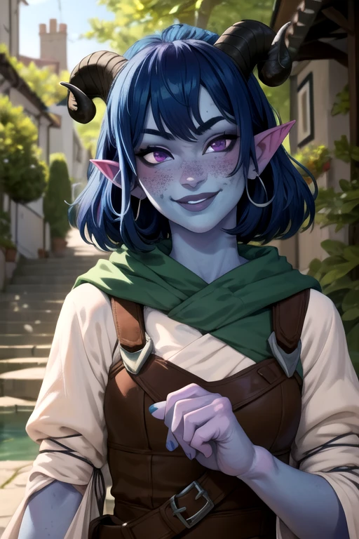 masterpiece, best quality, 1girl, jesterlavorre, blue hair,  purple eyes, blue skin, freckles, colored skin, horns, pointy ears,, tiefling, smile, looking at viewer, solo, mischievous smile, 