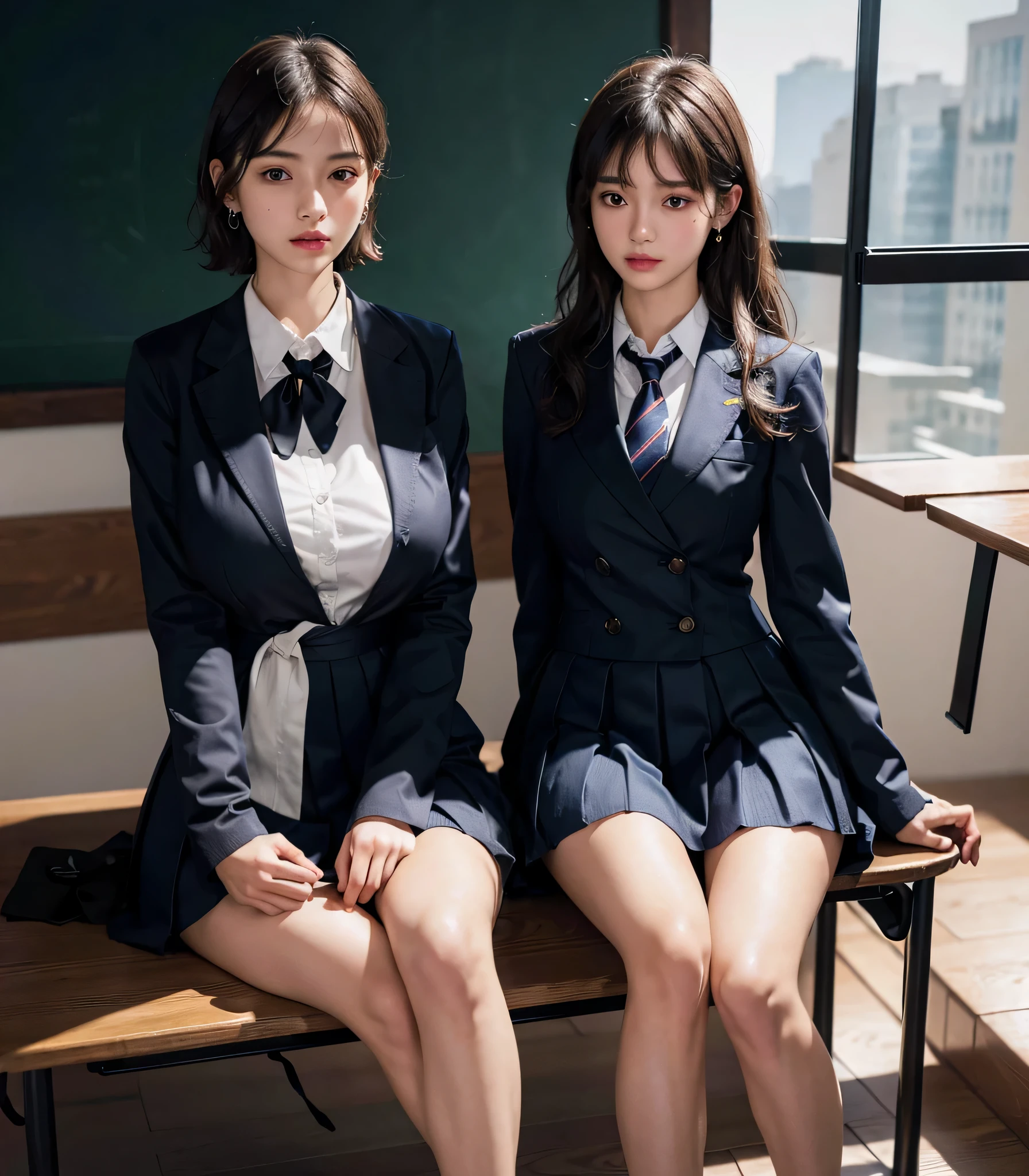 absurdres, RAW photo, extremely delicate and beautiful, masterpiece, Best Quality, ultra high resolution, 32k, hyperrealistic, ultra-detailed, perfect anatomy, perfect figure, super Detailed skin, Very detailed CG 8k wallpaper, very Slim body, narrow waist, very small head, very small face, delicate facial features, tearful mole, earring, thin legs, (very huge round breasts:1.3), (full body shot:1.1), (2 girls:1.2), short hair, (wavy hair:1.2), wet clothes, (school uniform:1.3), (blazer:1.2), (collared dress shirt:1.1),