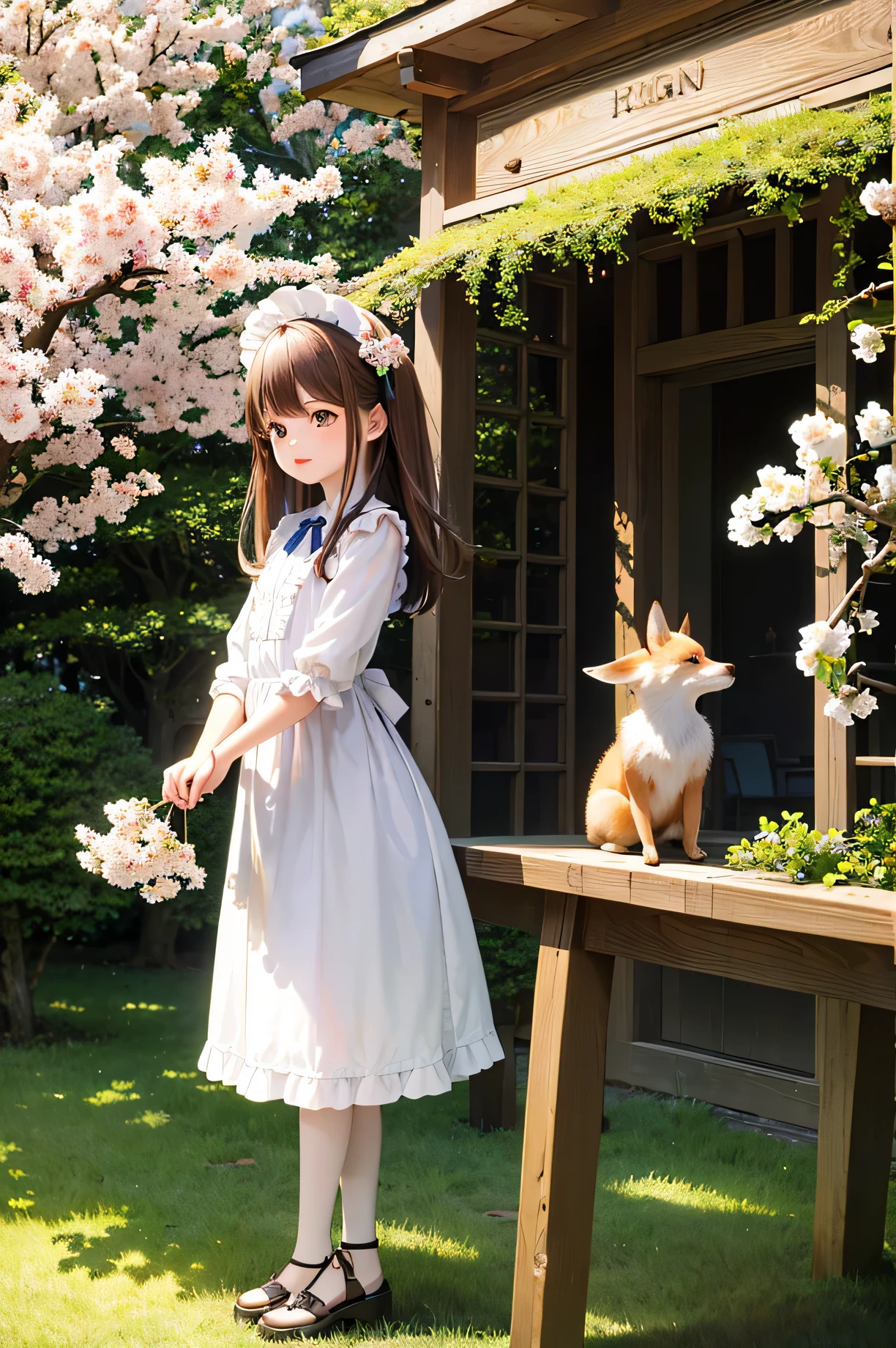(masterpiece), highest quality, High resolution, very detailed, detailed background, perfect lighting, outside, 1 girl, Cherry tree in full bloom、light brown hair、bright red eyes、Small fox earimi is facing forward、Dark blue and white maid outfit、