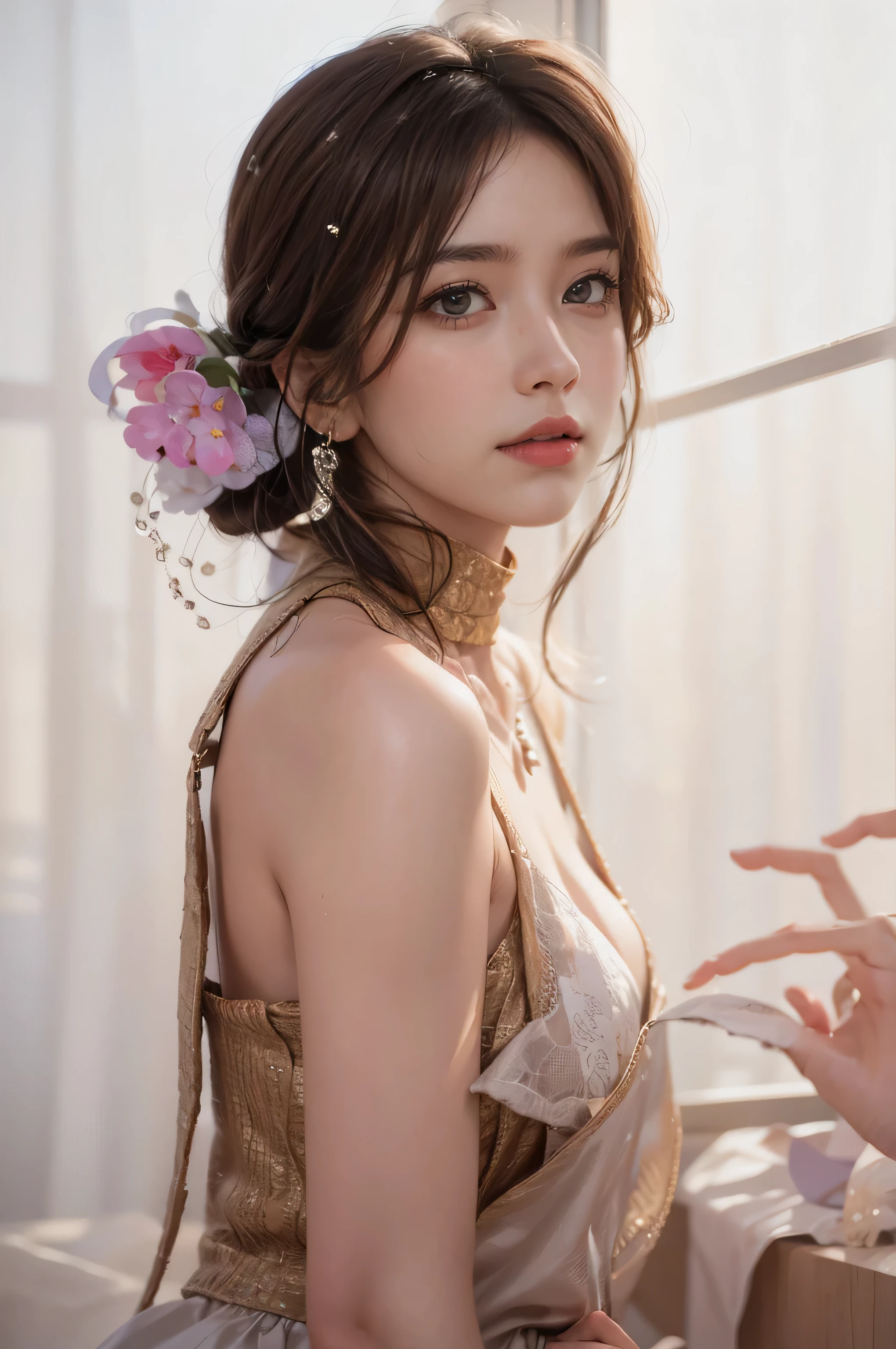 1girl, solo, long hair, breasts, lights of window,looking at viewer, brown hair, shirt, long sleeves, brown eyes, jewelry, collarbone, jacket, white shirt, upper body, earrings, glasses, solo focus, indoors, necklace, blurry, lips, blurry background, formal, suit, hand in pocket, realistic