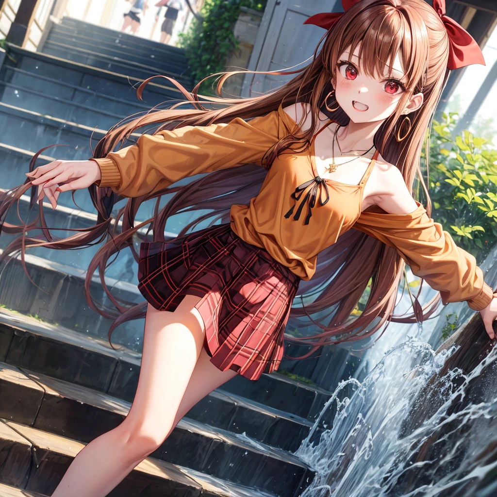 reddish-brown golden hair、red eyes、one good looking girl、solo、anime、plaid mini skirt、black camisole、black t-shirt、hoodie、wearing a ribbon、ribbon at waist、crystal earrings、jewelry necklace、Light and shadow、tilting one's face、teeth are visible、pillar、evil looking face、Kuroko、Diamond dust、grassland、Water running down the stairs