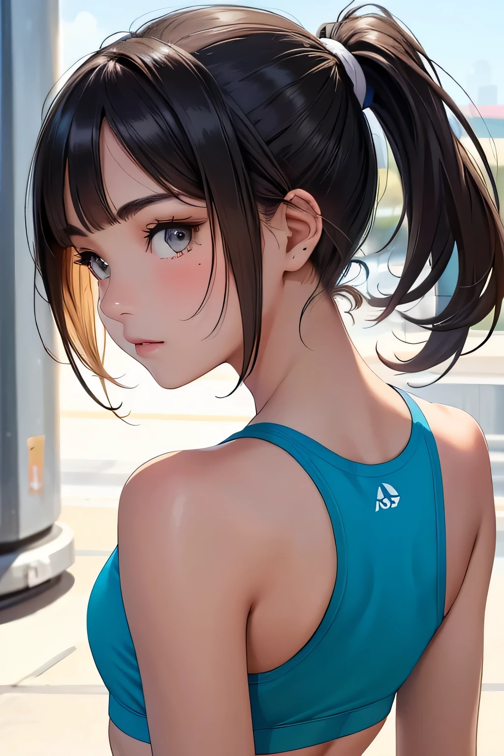 (highest quality:1.4)、High resolution、detailed background)、(detailed beautiful face:1.4)、detailed facial expressions、anatomically correct、brown hair、bob cut、ponytail、healthy、
A close-up from a low angle highlighting the buttocks、Close-up from directly below、(Beautiful teenage girl looking back:1.5)、athletics stadium、

Opt for a simple sports watch and a thin headband.、Choose items that you can wear with confidence, such as a fitted sports bra or a tank top that exposes a moderate amount of skin.、cute