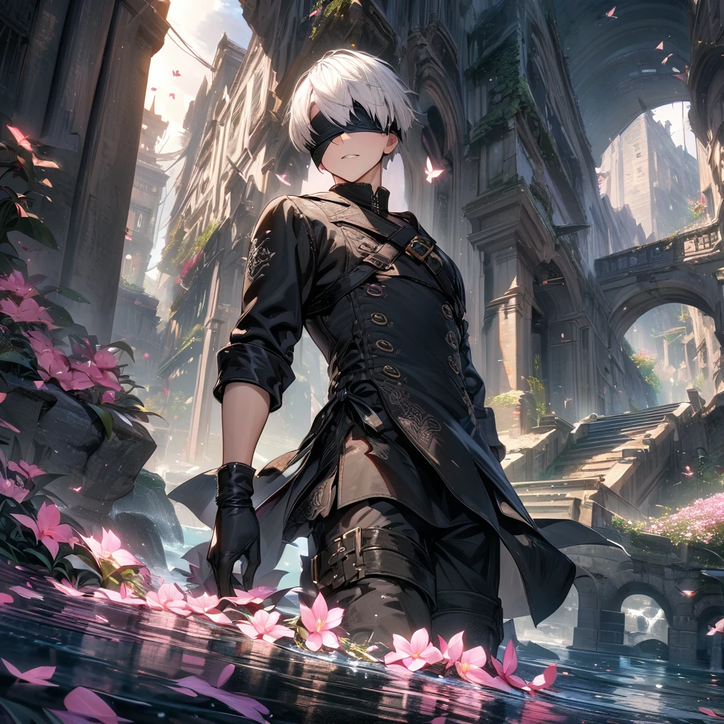 absurdres, highres, ultra detailed, HDR), masterpiece, 9s, blindfolded eyes, white short hair, nier automata, 1man, handsome, pink flowers, pink butterflies, black clothes, water