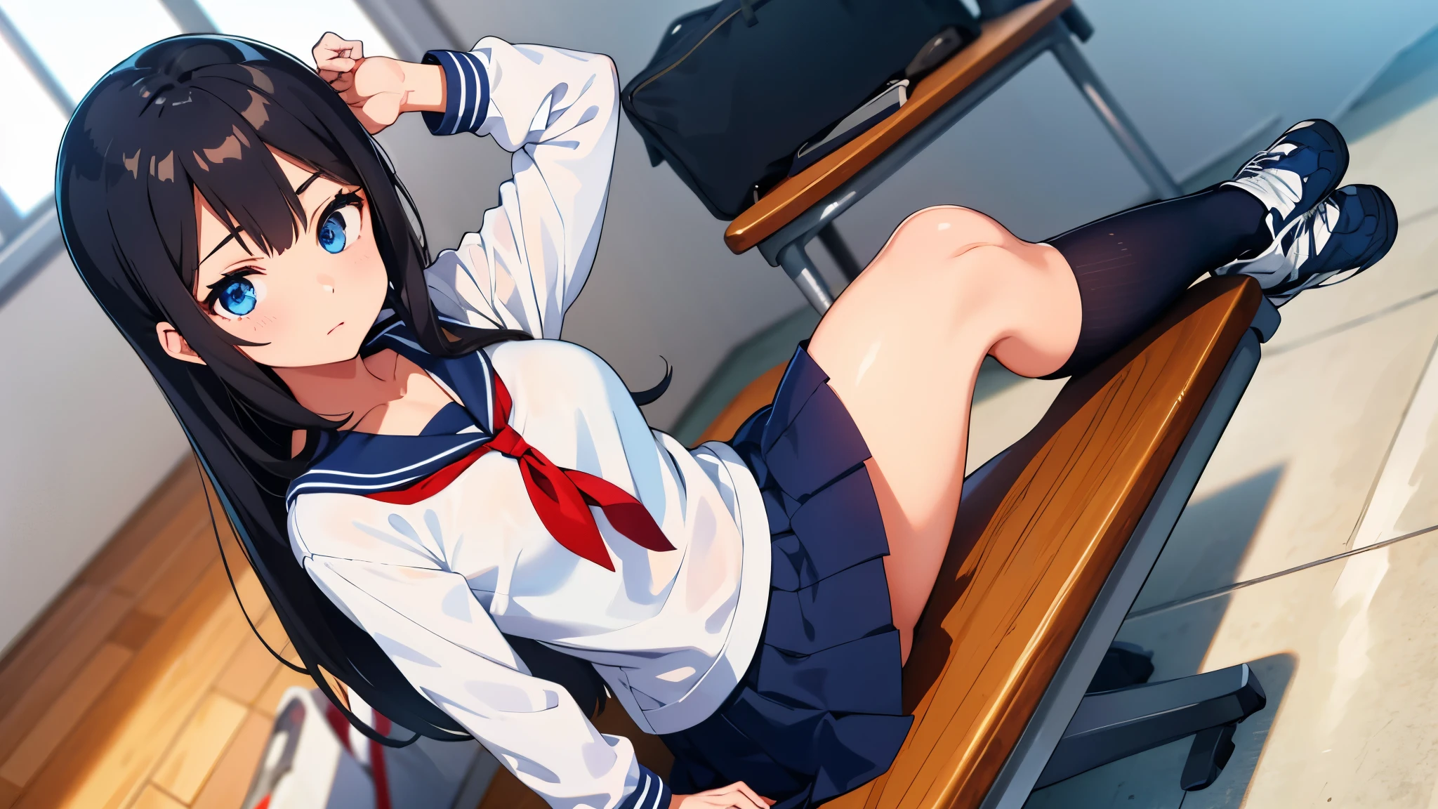 1 girl black hair blue eyes in white sailor uniform with half sleeve top miniskirt under body navy blue black socks　sneaker in school classroom great quality 2k