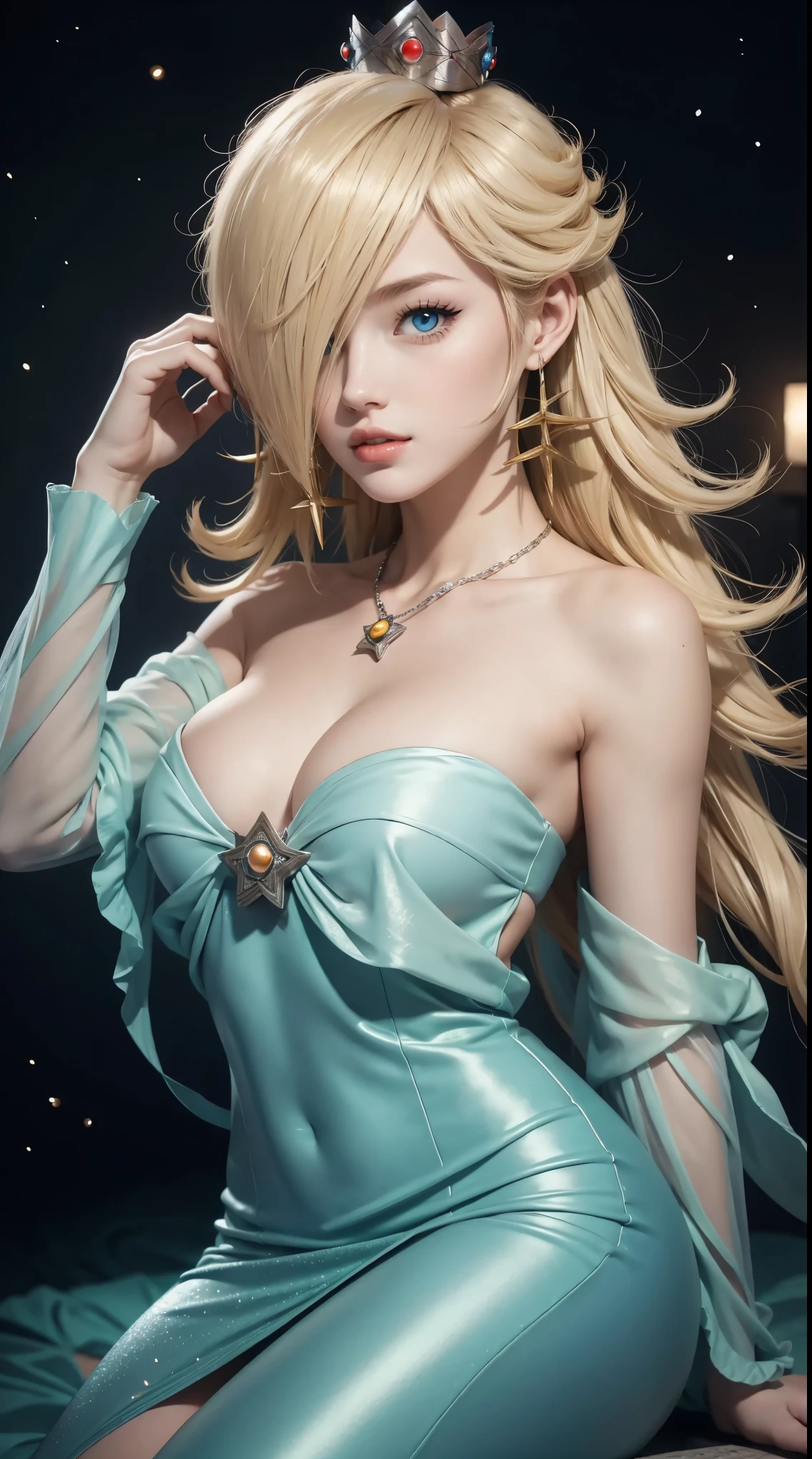 25-year-old Caucasian woman、ash blonde、blue eyess、Semi-long、setting hair、I'm tying my hair、My hair is wavy、Slender but thin macho、accessories on the wrist、wearing a chain necklace、Beautiful breasts、a smile、I need space above my head、Wearing a high-leg retard、Wearing heels、