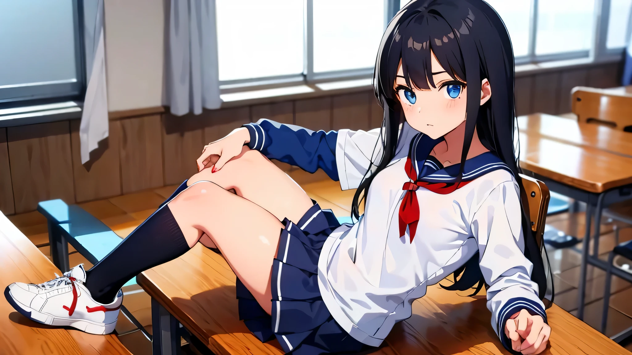 1 girl black hair blue eyes in white sailor uniform with half sleeve top miniskirt under body navy blue black socks　sneaker in school classroom great quality 2k