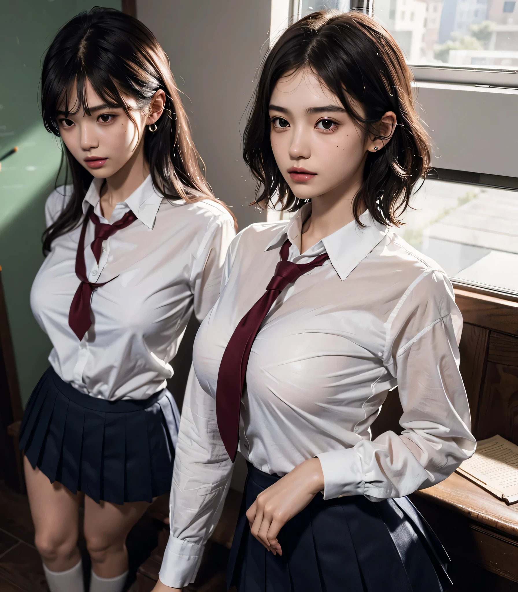 absurdres, RAW photo, extremely delicate and beautiful, masterpiece, Best Quality, ultra high resolution, 32k, hyperrealistic, ultra-detailed, perfect anatomy, perfect figure, super Detailed skin, Very detailed CG 8k wallpaper, very Slim body, narrow waist, very small head, very small face, delicate facial features, tearful mole, earring, thin legs, (very huge round breasts:1.3), (full body shot:1.1), (solo:1.2), short hair, (wavy hair:1.2), wet clothes, (school uniform:1.3), (blazer:1.2), collared dress shirt,
