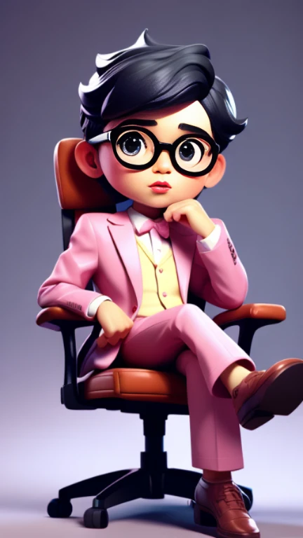 masterpiece, A cute boy sitting on the boss chair, Glasses, Pink suit, black hair, chibi style, Perfect 3D animation , Perfect lips and simple 