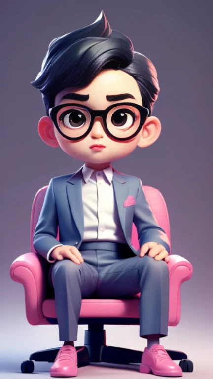 masterpiece, A cute boy sitting on the boss chair, Glasses, Pink suit, black hair, chibi style, Perfect 3D animation , Perfect lips and simple