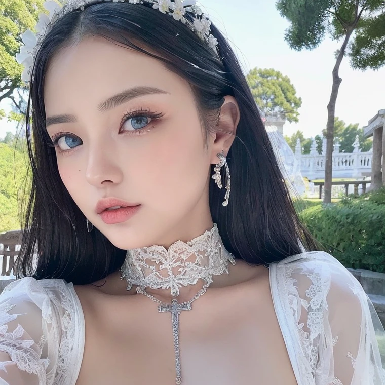 1 miniature Beautiful beautiful woman - Yuan Sayuki, ((top quality, 8K, Masterpiece:1.retty woman, 1 woman, huge breasts:1.3, a slim body:1.1, lush white short hair, (shower, wet body, wet clothes:1.1), very detailed face, detailed lips, detailed eyes, double eyelids, Detailed blue eyes, чрезвычайно Detailed Outstanding Blue Eyes, short white wet hair, white wet hair, Detailed Outstanding Blue Eyes, innocent look at the viewer, very wet wavy white hair, Detailed Outstanding Blue Eyes, huge cross earrings, Outdoors, badges behind, gothic wedding uniform, sexy gothic style wedding dress with veil, bare chest, huge chest tattoo wearing a wreath, detailed huge earrings, chest tattoo, Outside - there are trees and a buddhist temple in the background, wear a silver cross (Detailed cross shape), reality mode, wet breasts, black necklace, black wedding dress and black veil, human crowd behind, head/forehead chain veil, black latex gloves, naked breasts, naked breasrs, naked nipples, hair of white snowy colour