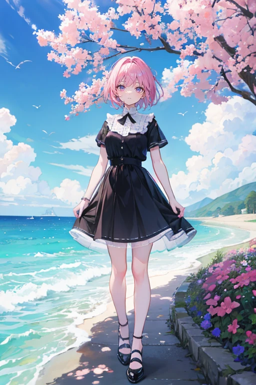 Very beautiful and shining eyes、shining eyes、1 girl、small breasts、big mouth、small breasts、Cat ear、Transparent pink short hair、7 year old girl、school swimwear