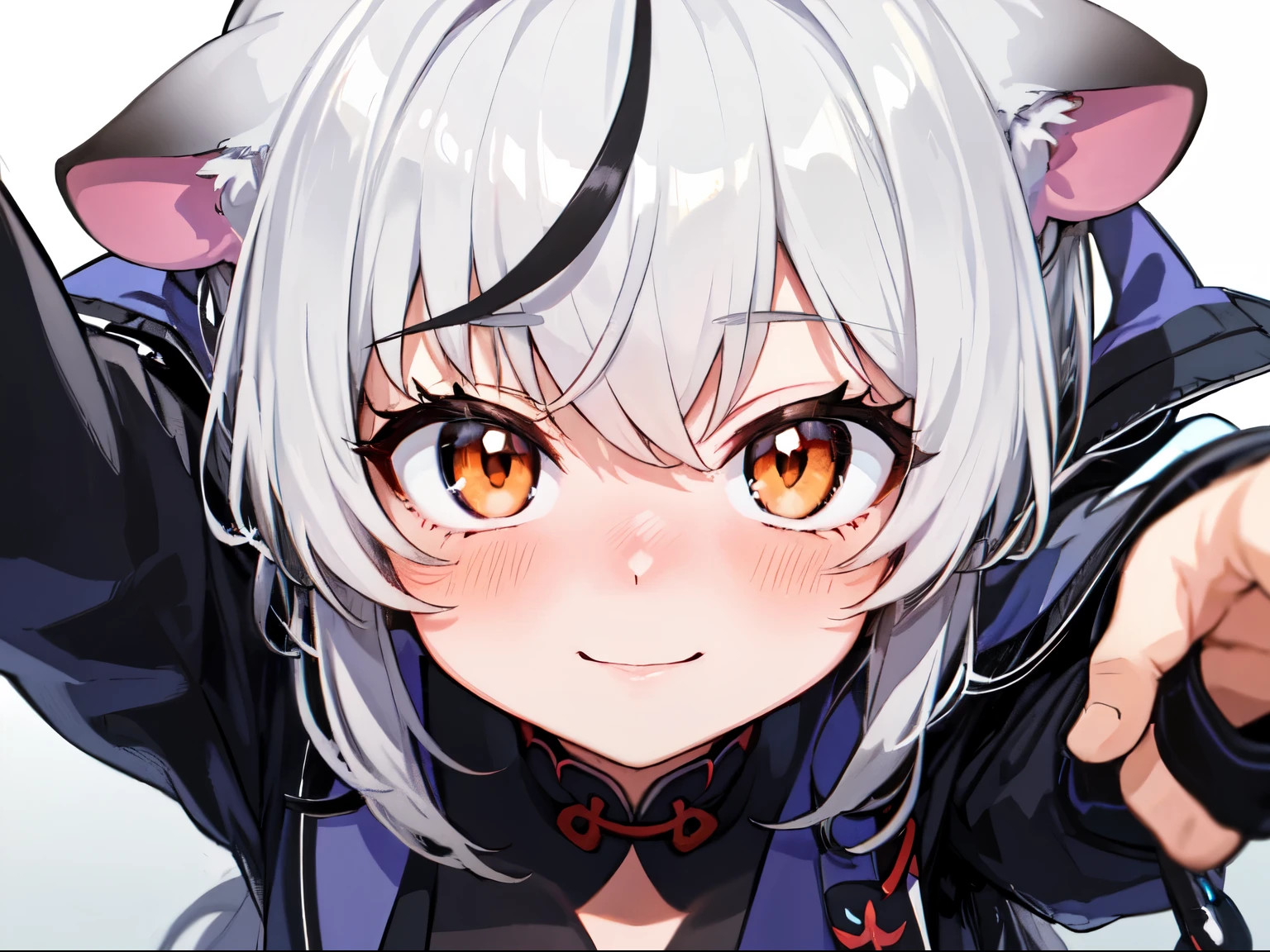 masutepiece, top-quality, ultra-details, Solo Focus, 
(1KOKONA, open arms for viewer), 
pigeon toed, 
, White hair, Orange Eye, Smile:0.8, blush:1.3, 
Black clothes, Black jacket, White skirt, 
(From-front-above, Close-up Face:1.4),