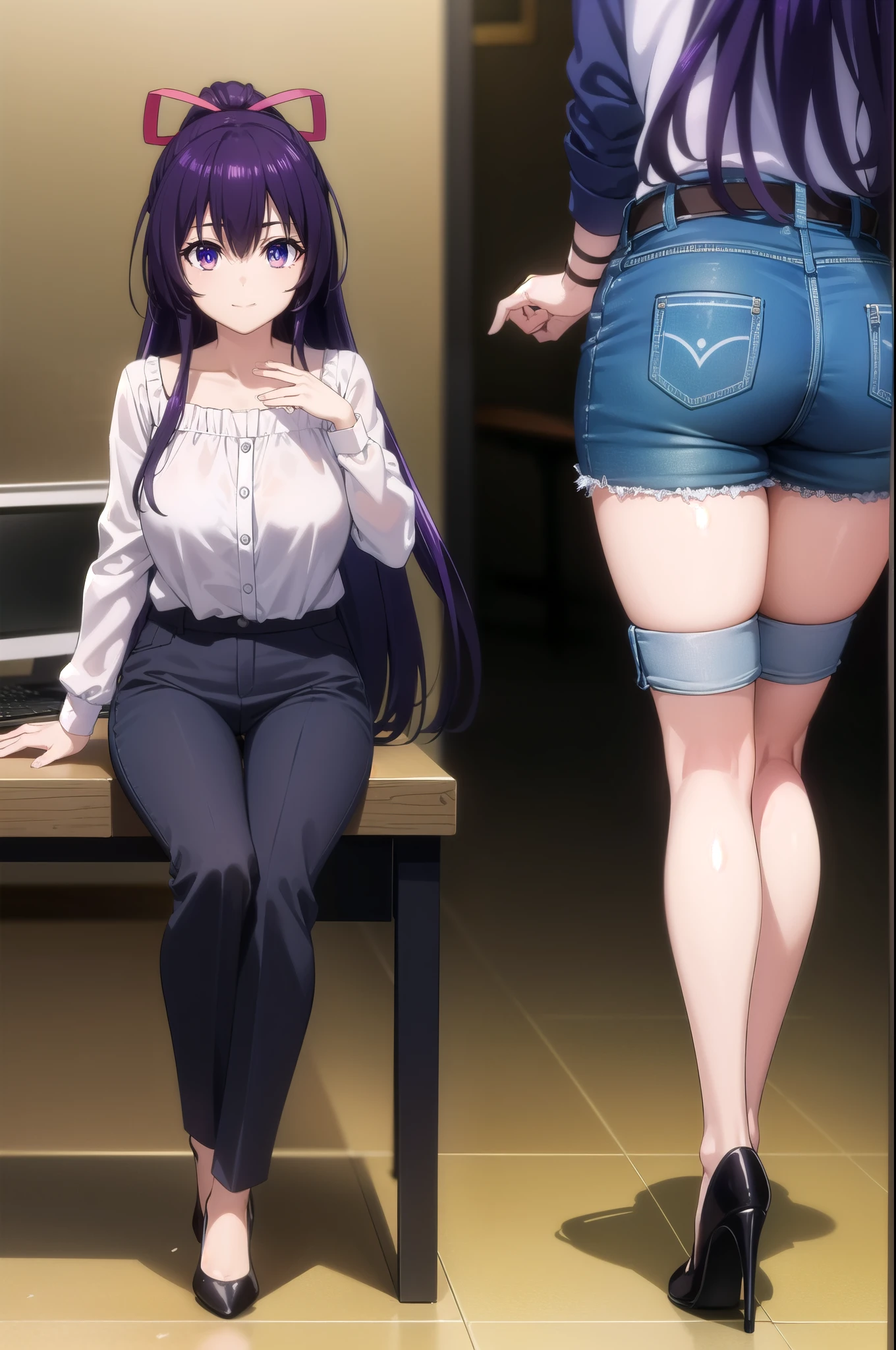tohkayatogami, tohka yatogami casual, long hair, purple hair, alluringly smile( chic puff long sleeve bandage blouse), ribbon , denim trousers, purse (purple eyes:1.1), hair ribbon, ponytail, purple hair, white ribbon, g cup breasts, bewitched thighs, slender waist, plump butt , high heels
BREAK ,
BREAK indoors, office, alone,
BREAK looking at viewer, elegant poses, sitting on desk, full body view, head to toe view, white high heel
BREAK (masterpiece:1.2), best quality, high resolution, unity 8k wallpaper, (illustration:0.8), (beautiful detailed eyes:1.6), extremely detailed face, perfect lighting, extremely detailed CG, (perfect hands, perfect anatomy),