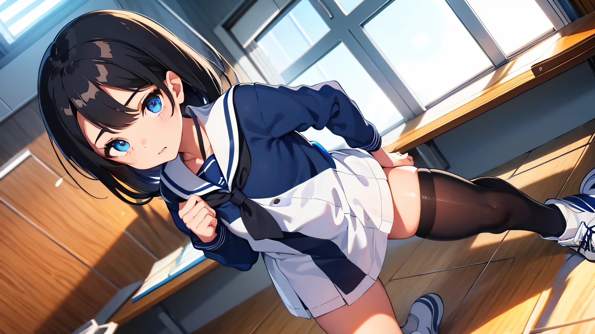 1 girl black hair blue eyes in white sailor uniform with half sleeve top miniskirt under body navy blue black socks　sneaker in school classroom great quality 2k