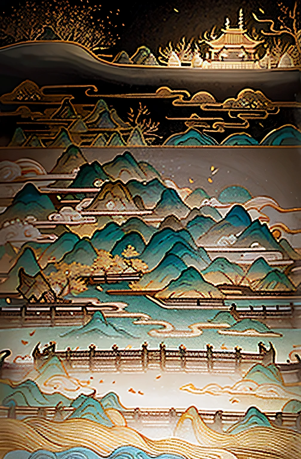 An ancient Chinese painting, ancient Chinese background, mountains, rivers, auspicious clouds, pavilions, sunshine, masterpieces, super detail, epic composition, ultra HD, high quality, extremely detailed, official art, unified 8k wallpaper, Super detail, 32k -- v 6