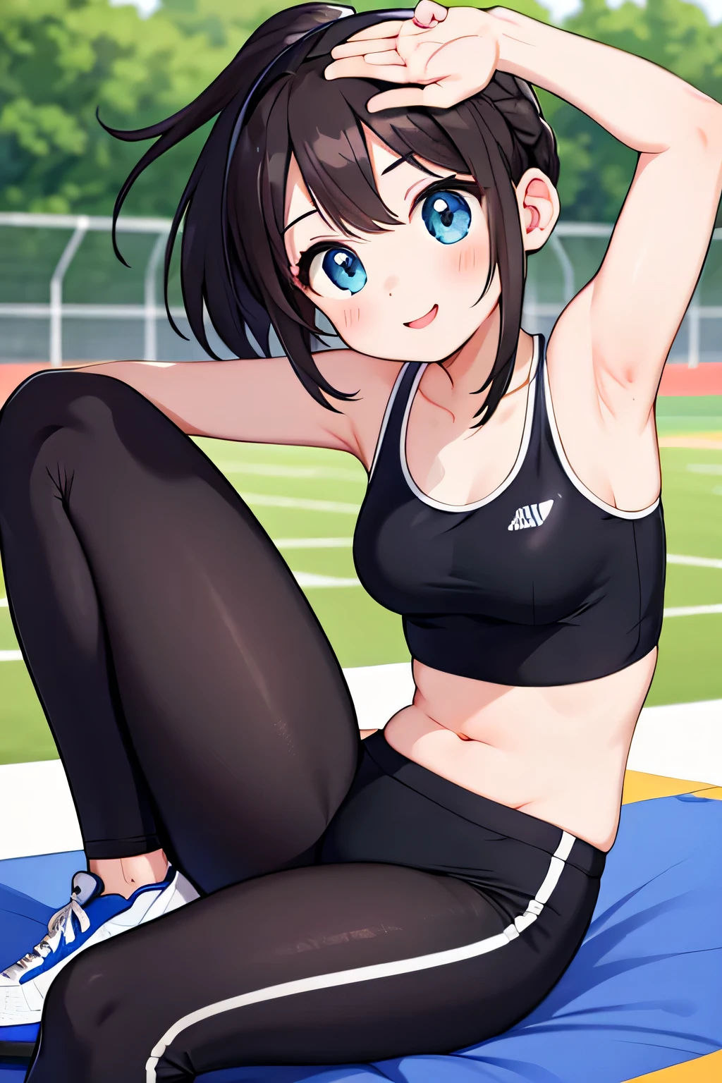 (highest quality:1.4)、High resolution、detailed background)、(detailed beautiful face:1.4)、anatomically correct、moderate chest、attractive ass、brown hair、braided bob、ponytail、realistic、perfect body line、thick thighs、emphasize the buttocks、healthy、Healthy and beautiful、

Smiling and relaxed while stretching with her coach and teammates、
After finishing a race or practice session, participants high-five their teammates to share their joy.、
Sitting with friends during breaks and drinking water、

Close-up of the buttocks from a low angle、Super close-up shot from directly below、Beautiful age girl looking back、athletics stadium、

Opt for fitted crop tops and bodysuits、
The mesh design on the back and sides and the lace-up details give it a sexy look.、
We recommend high-waisted fitted running shorts or leggings、
Design with cuts and mesh panels that accentuate the body line、
Choose running shoes that fit well、Bright colors and chic designs、
Opt for a simple sports watch and a thin headband.、
It is important to avoid excessive accessories in order to emphasize sexiness.、
Choose items that you can wear with confidence, such as a fitted sports bra or a tank top that exposes a moderate amount of skin.、A big smile、laughing、smiling、cute
